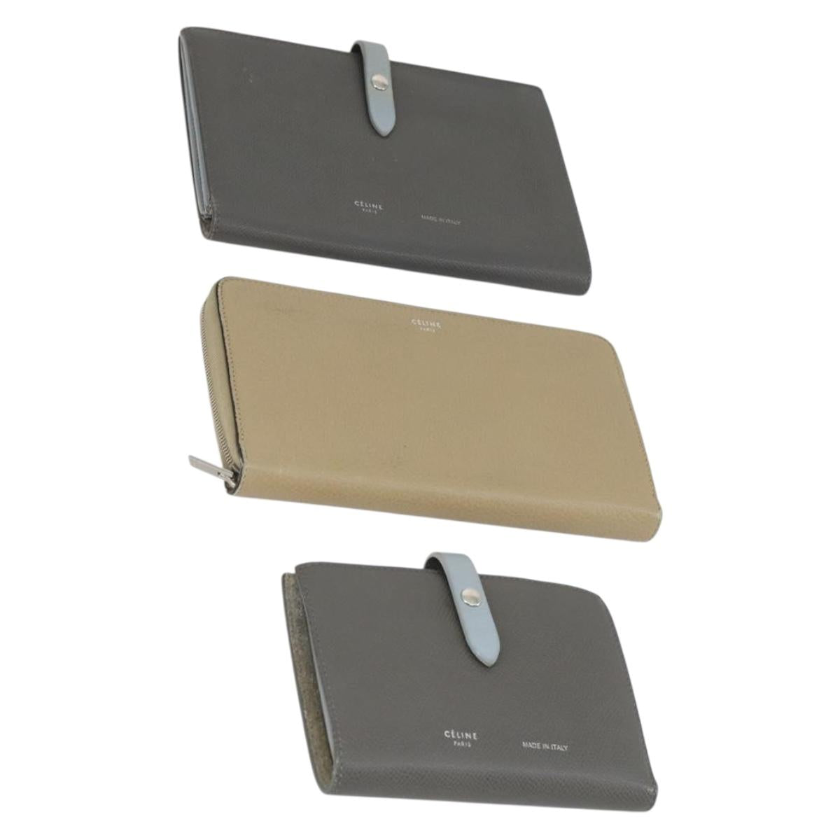 CELINE Wallet Leather 3 Set Gray Beige Auth bs31479
