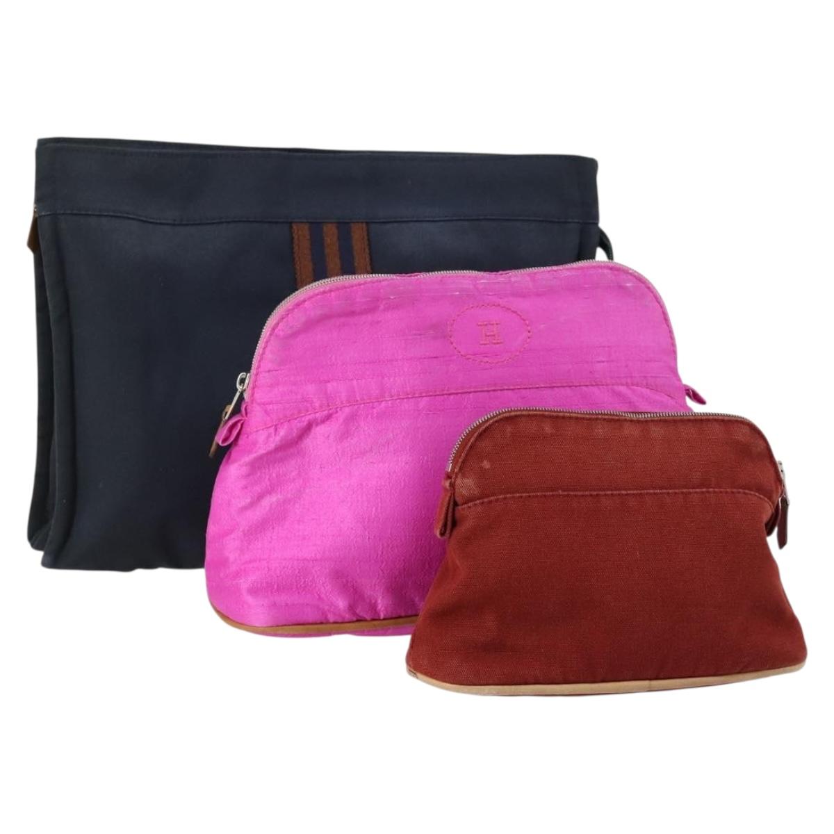 HERMES Pouch Canvas 3 Set Pink Black Brown Auth bs31480