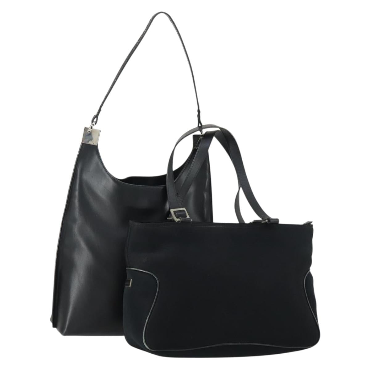 Salvatore Ferragamo Shoulder Bag Leather Canvas 2 Set Black Silver Auth bs31495