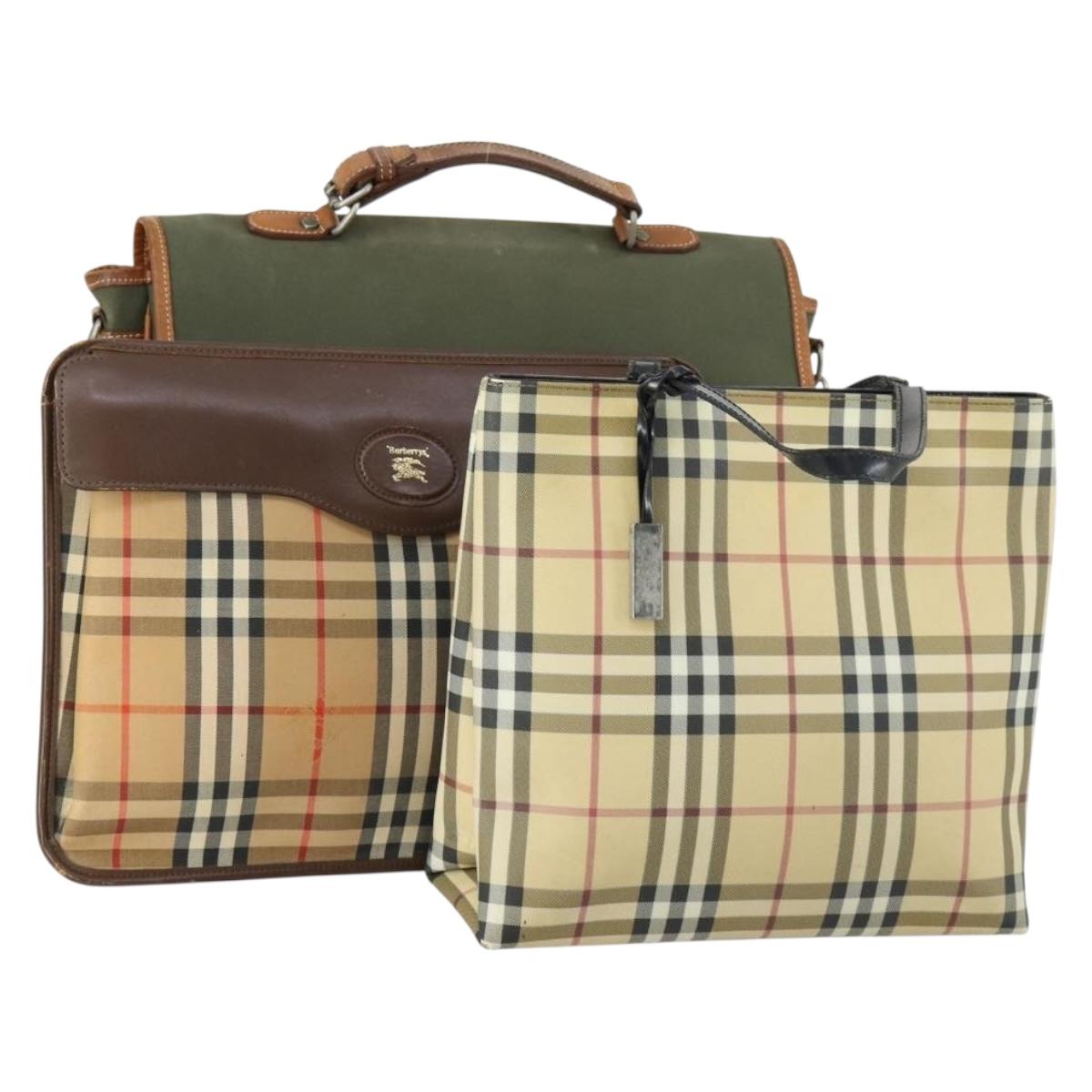 Burberrys Nova Check Hand Bag Canvas 3 Set Beige Green Auth bs31496