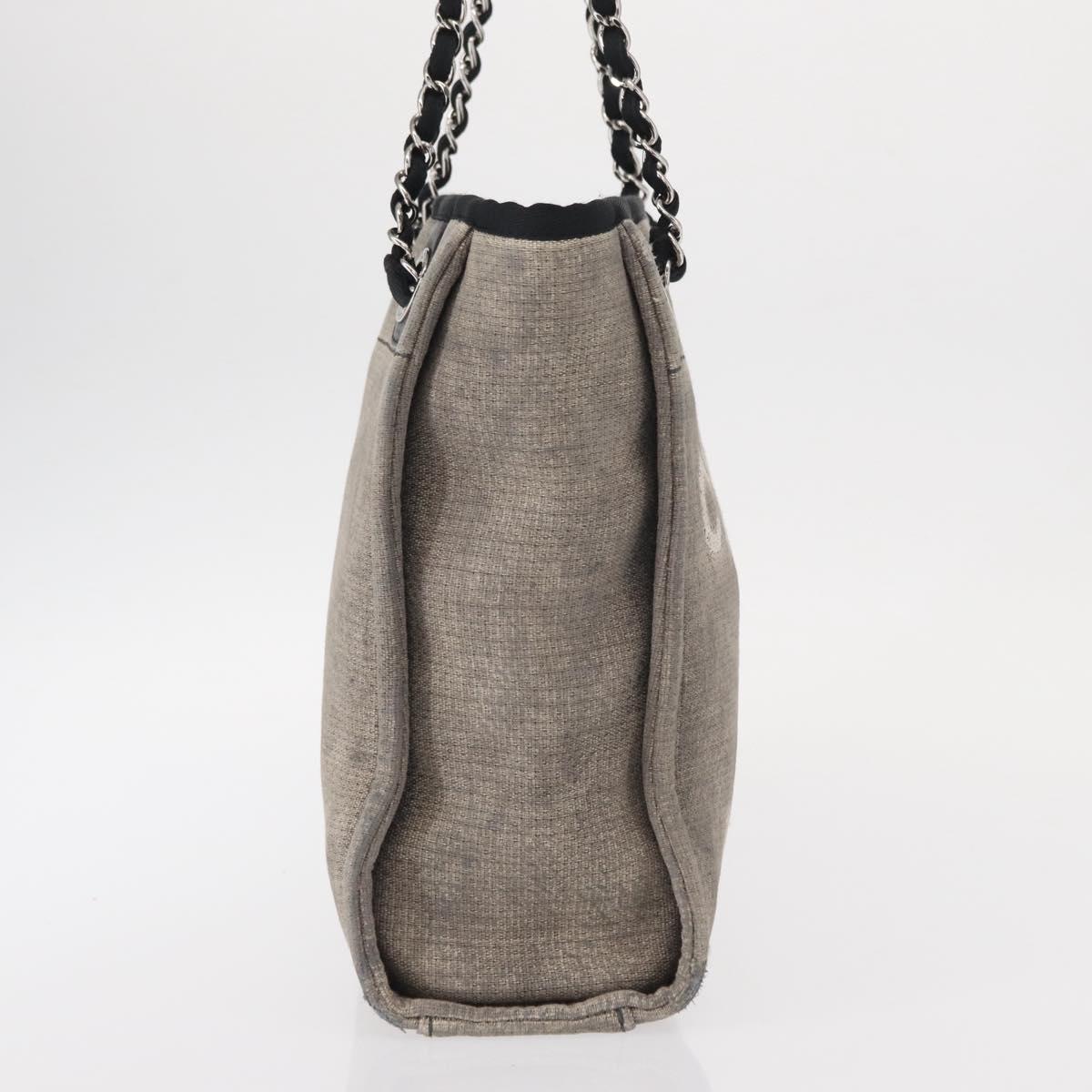 CHANEL Deauville line Chain Tote Bag Canvas Gray Silver CC Auth bs31505