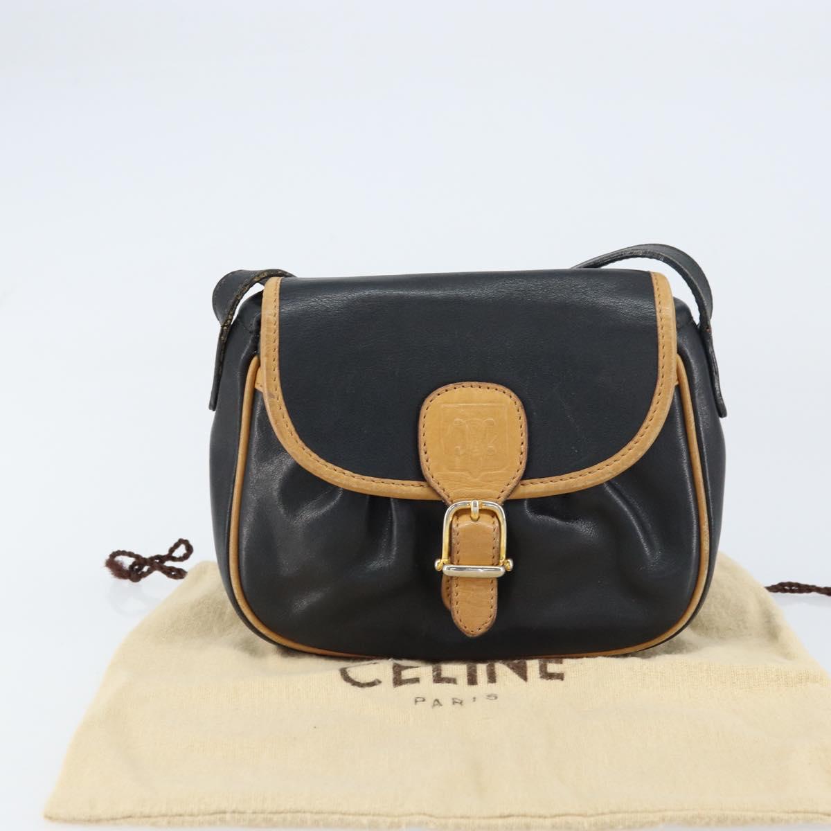 CELINE Shoulder Bag Leather Black Gold Auth bs31512