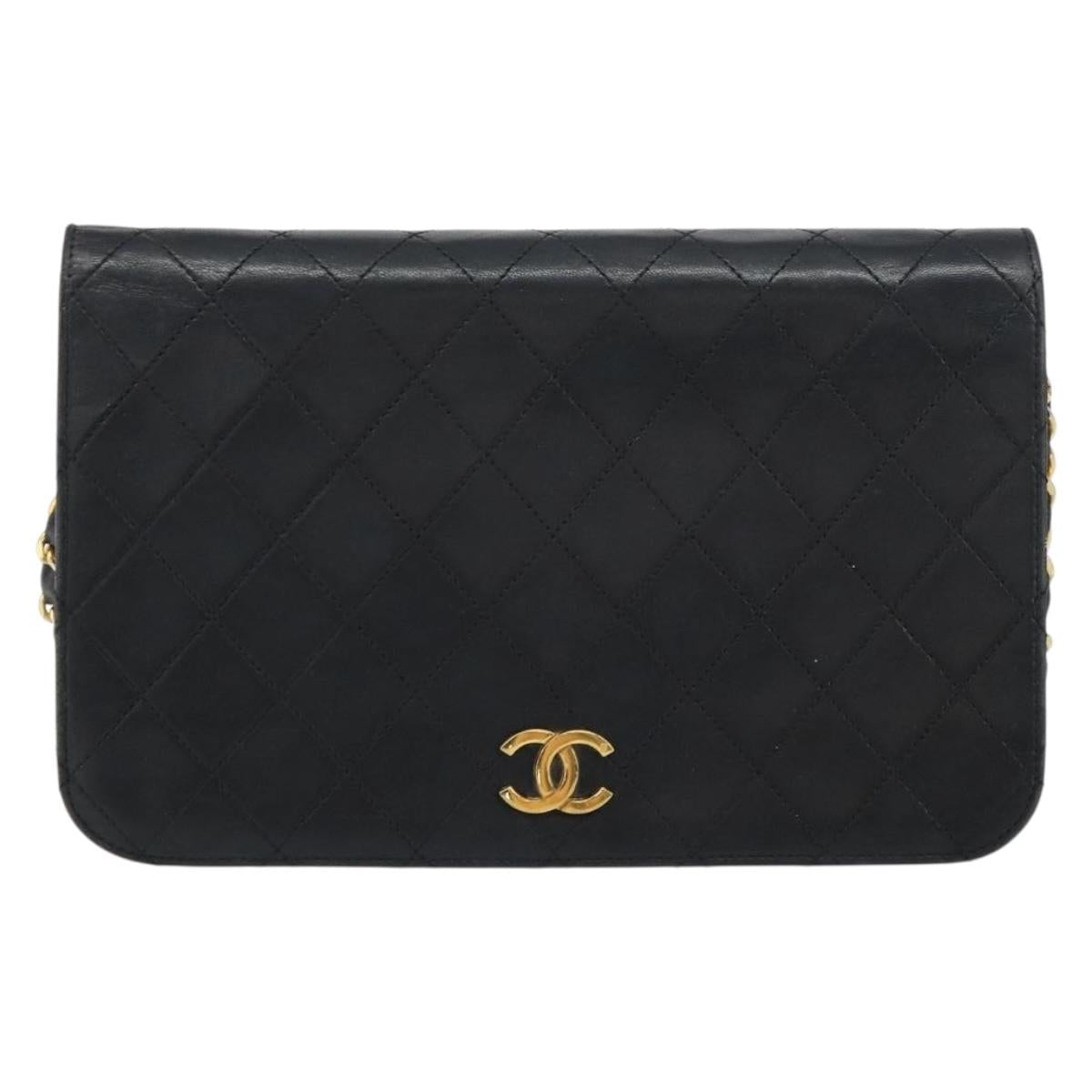 CHANEL Matelasse Chain Shoulder Bag Lamb Skin Black Gold CC Auth bs31513