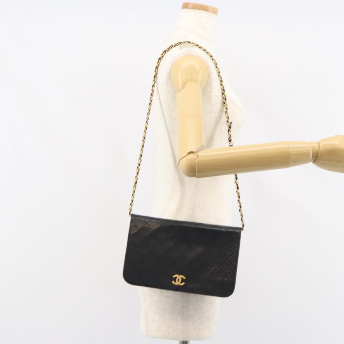 CHANEL Matelasse Chain Shoulder Bag Lamb Skin Black Gold CC Auth bs31513