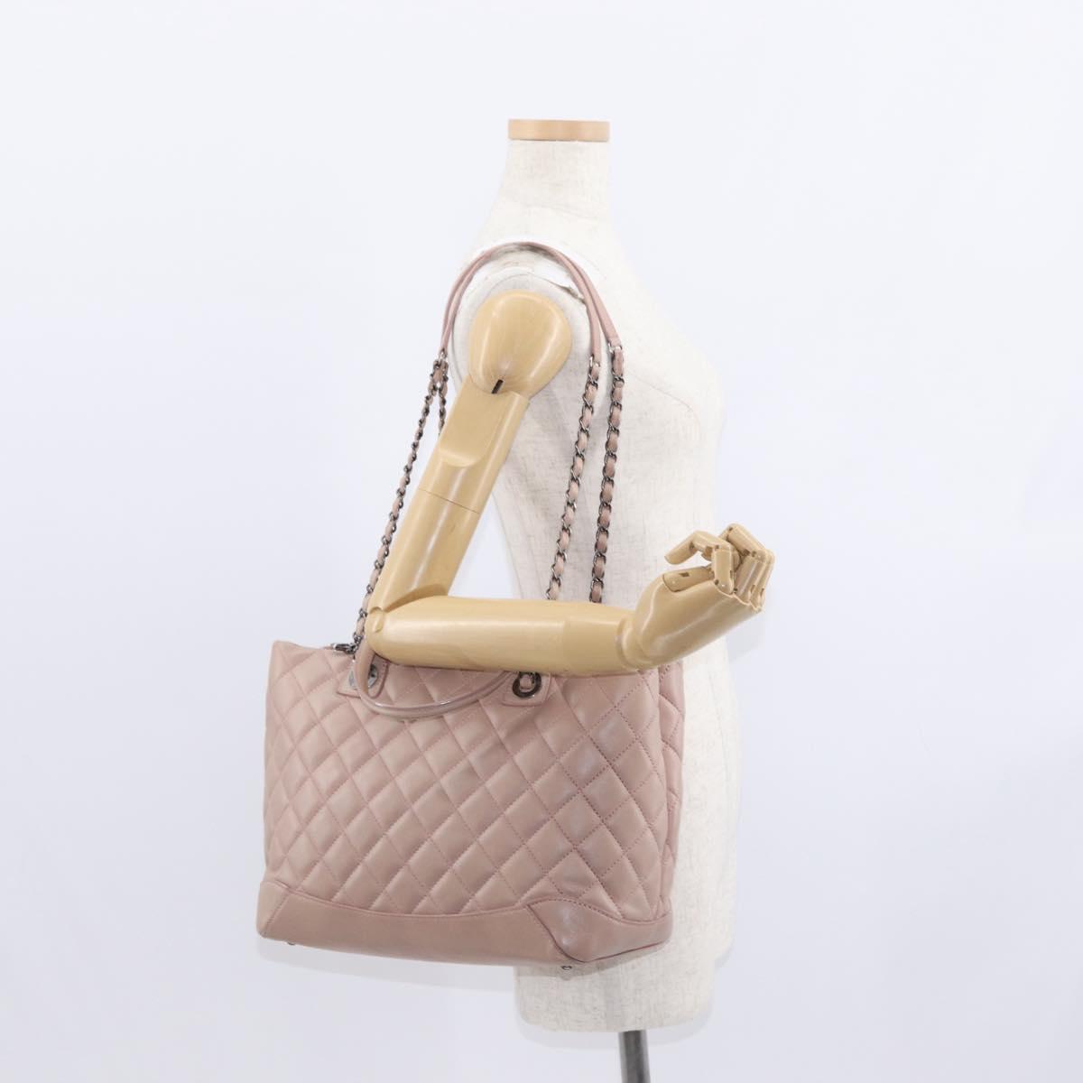 CHANEL Matelasse Tote Bag Leather 2way Pink Silver CC Auth bs31551