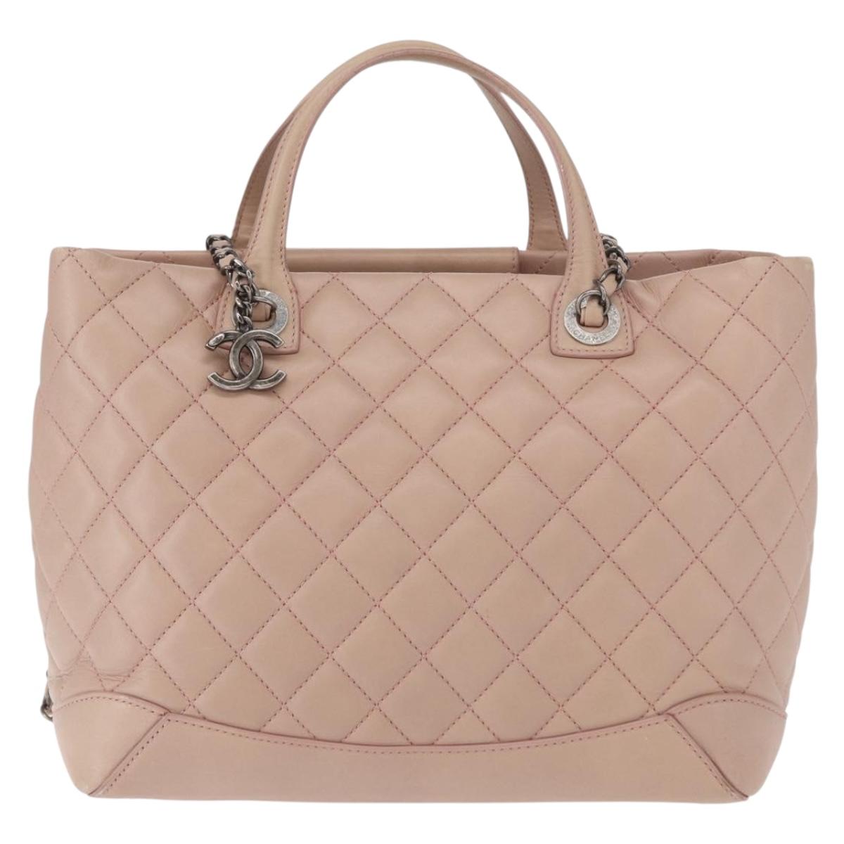 CHANEL Matelasse Tote Bag Leather 2way Pink Silver CC Auth bs31551