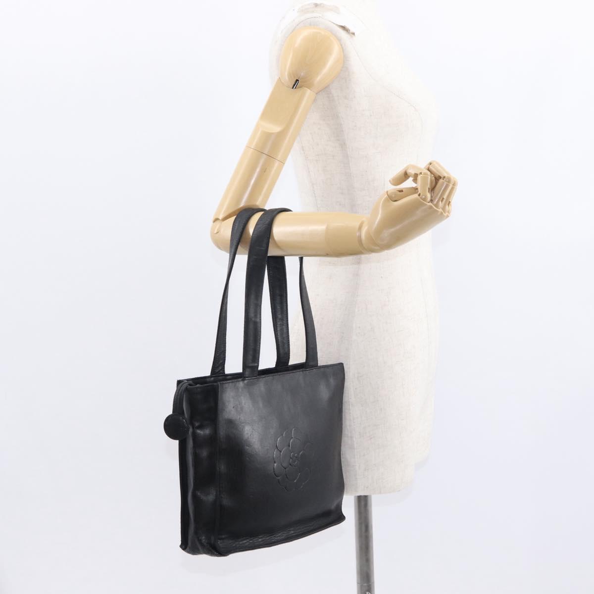 CHANEL Camelia Tote Bag Lamb Skin Black Silver CC Auth bs31571