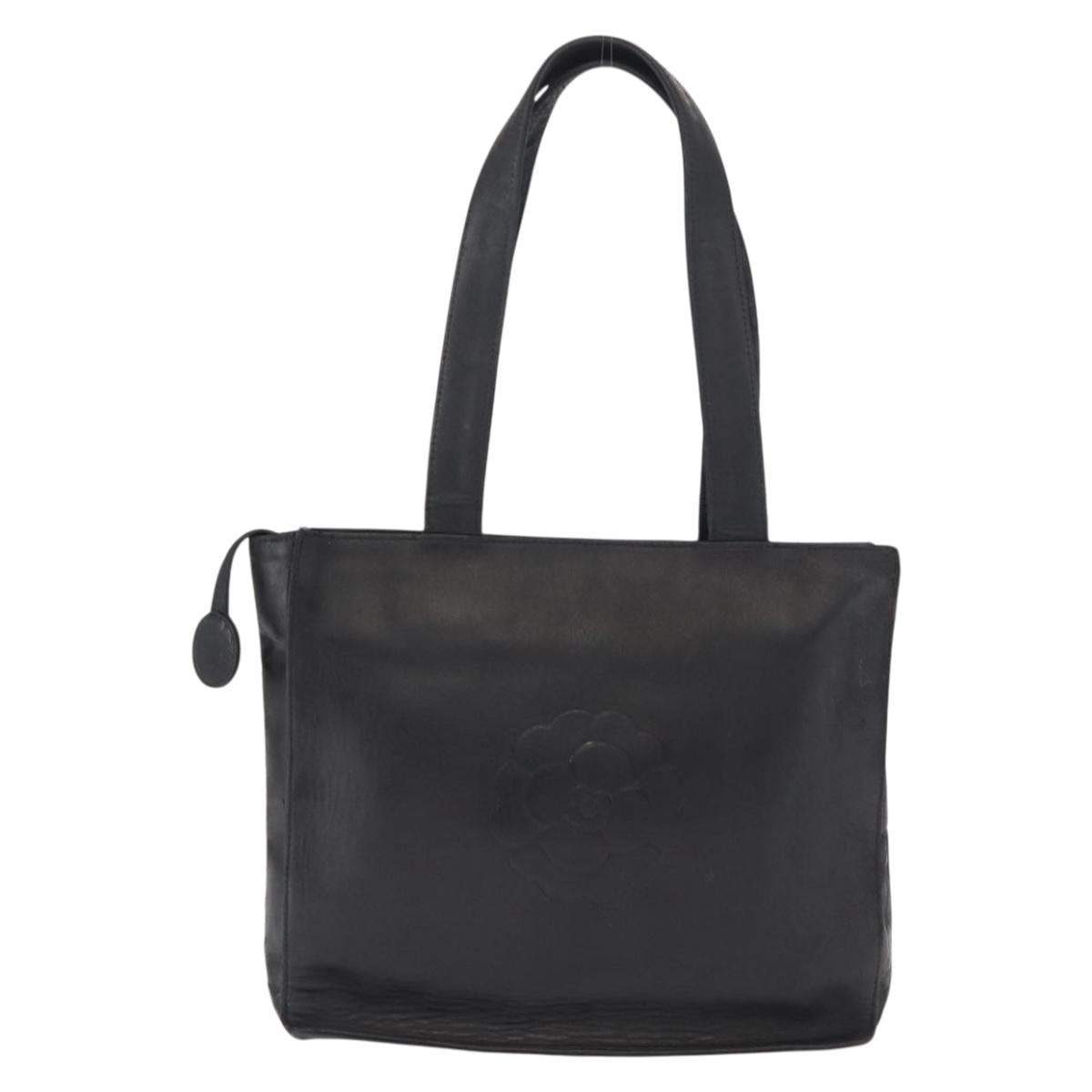 CHANEL Camelia Tote Bag Lamb Skin Black Silver CC Auth bs31571