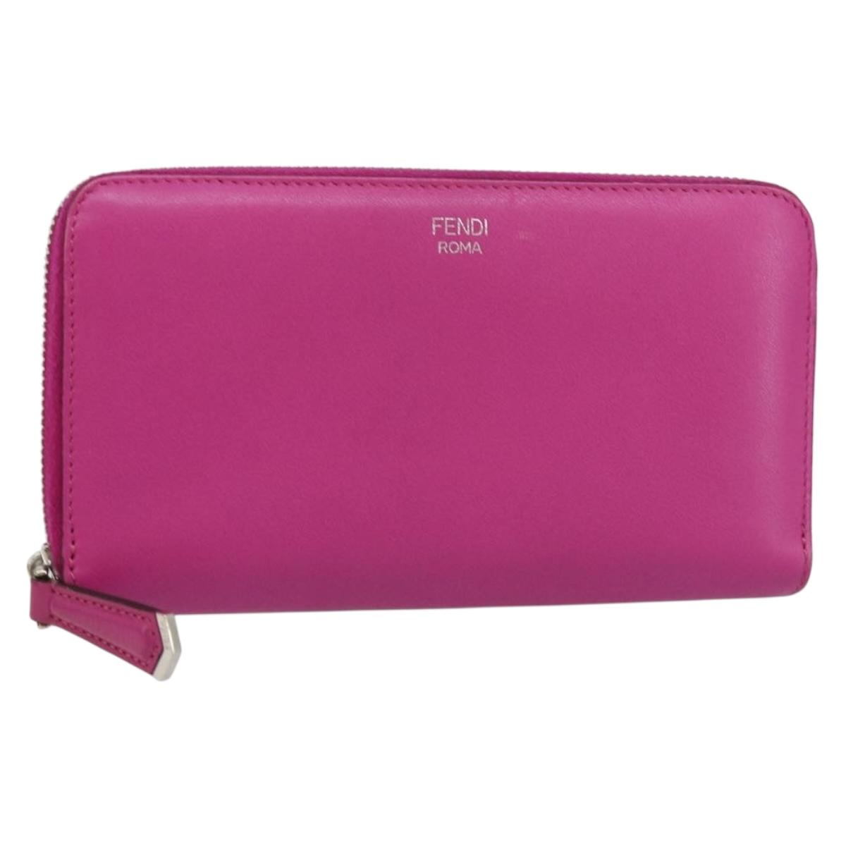 FENDI Zip Around Long Wallet Leather Pink Navy Auth bs31576