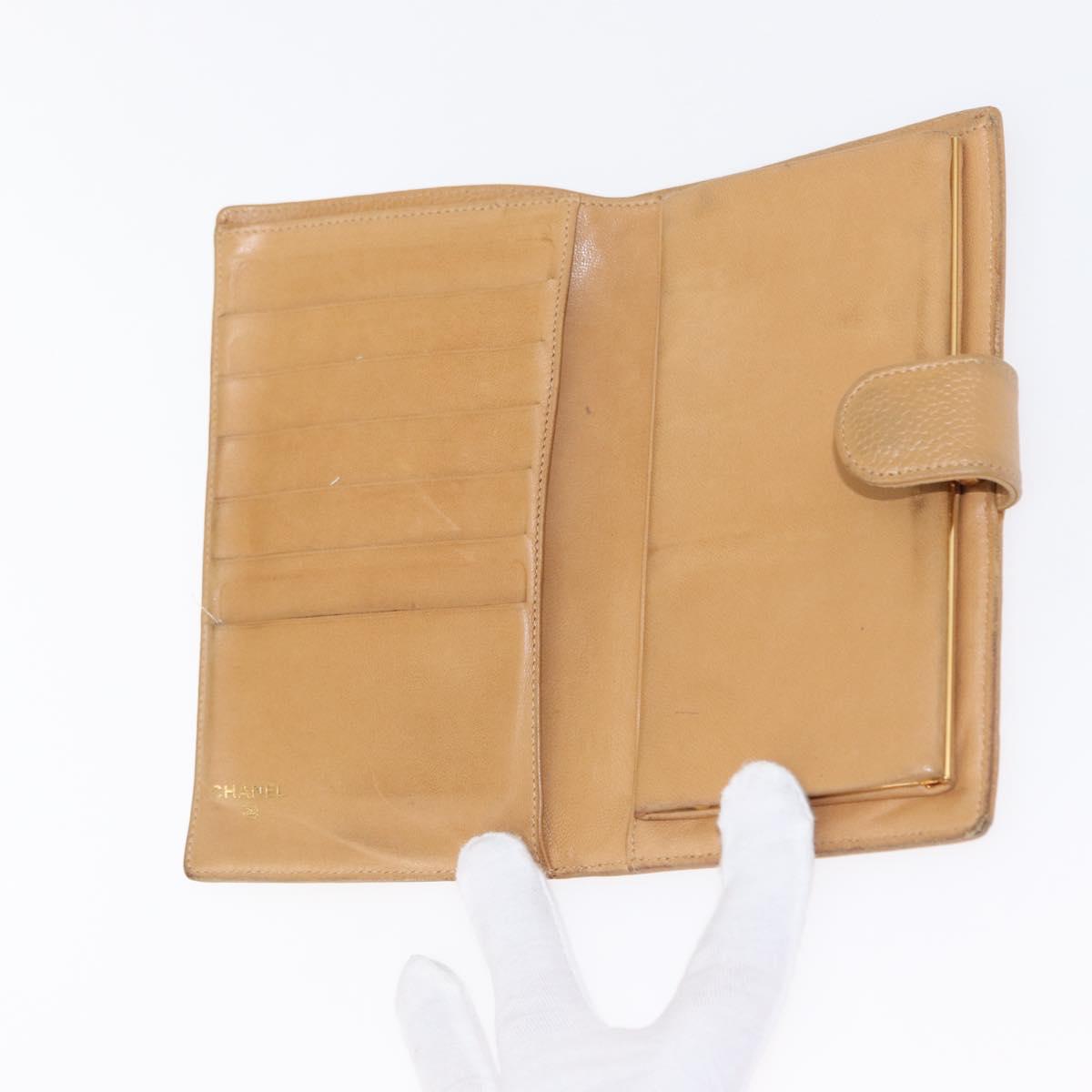 CHANEL COCO Mark Long Wallet Caviar Skin Beige Gold CC Auth bs31582