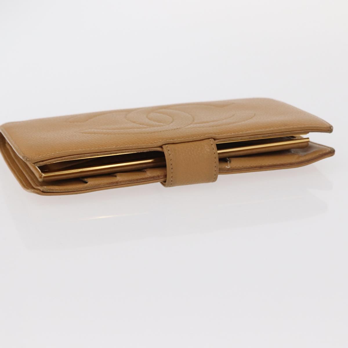 CHANEL COCO Mark Long Wallet Caviar Skin Beige Gold CC Auth bs31582