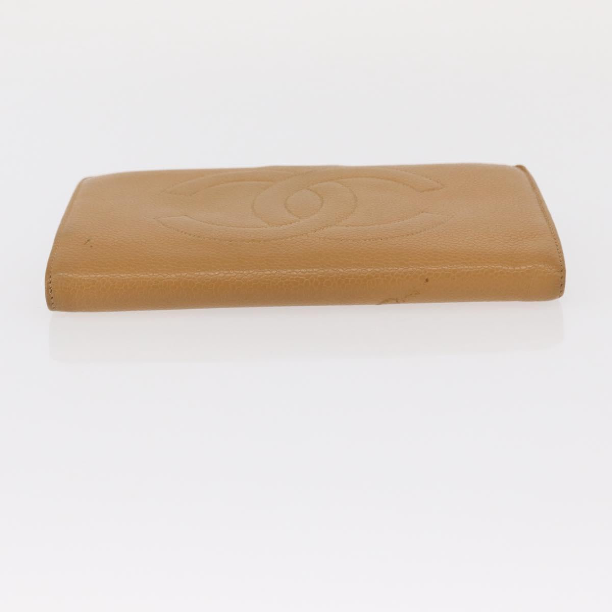 CHANEL COCO Mark Long Wallet Caviar Skin Beige Gold CC Auth bs31582
