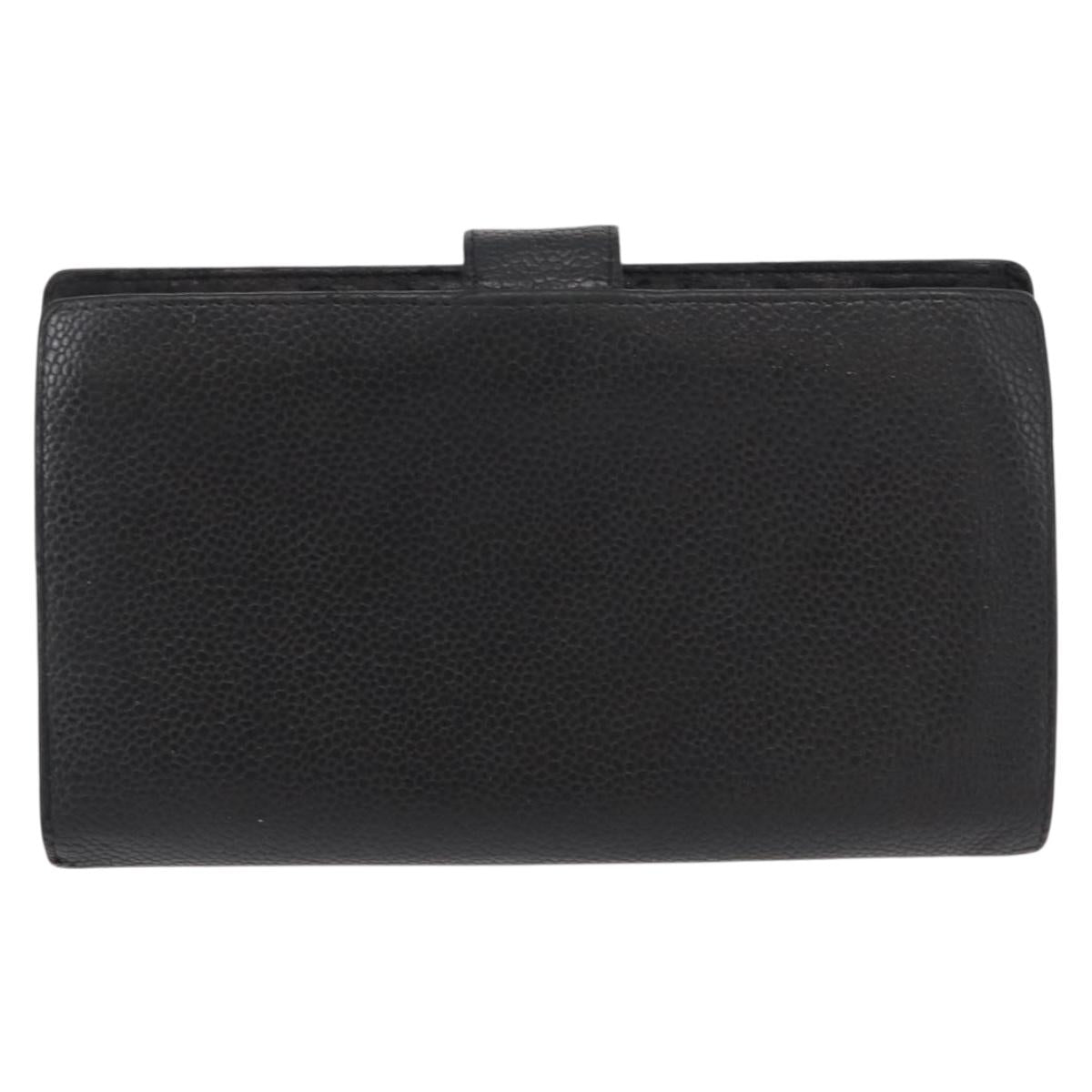 CHANEL Long Wallet Caviar Skin Black Gold CC Auth bs31583