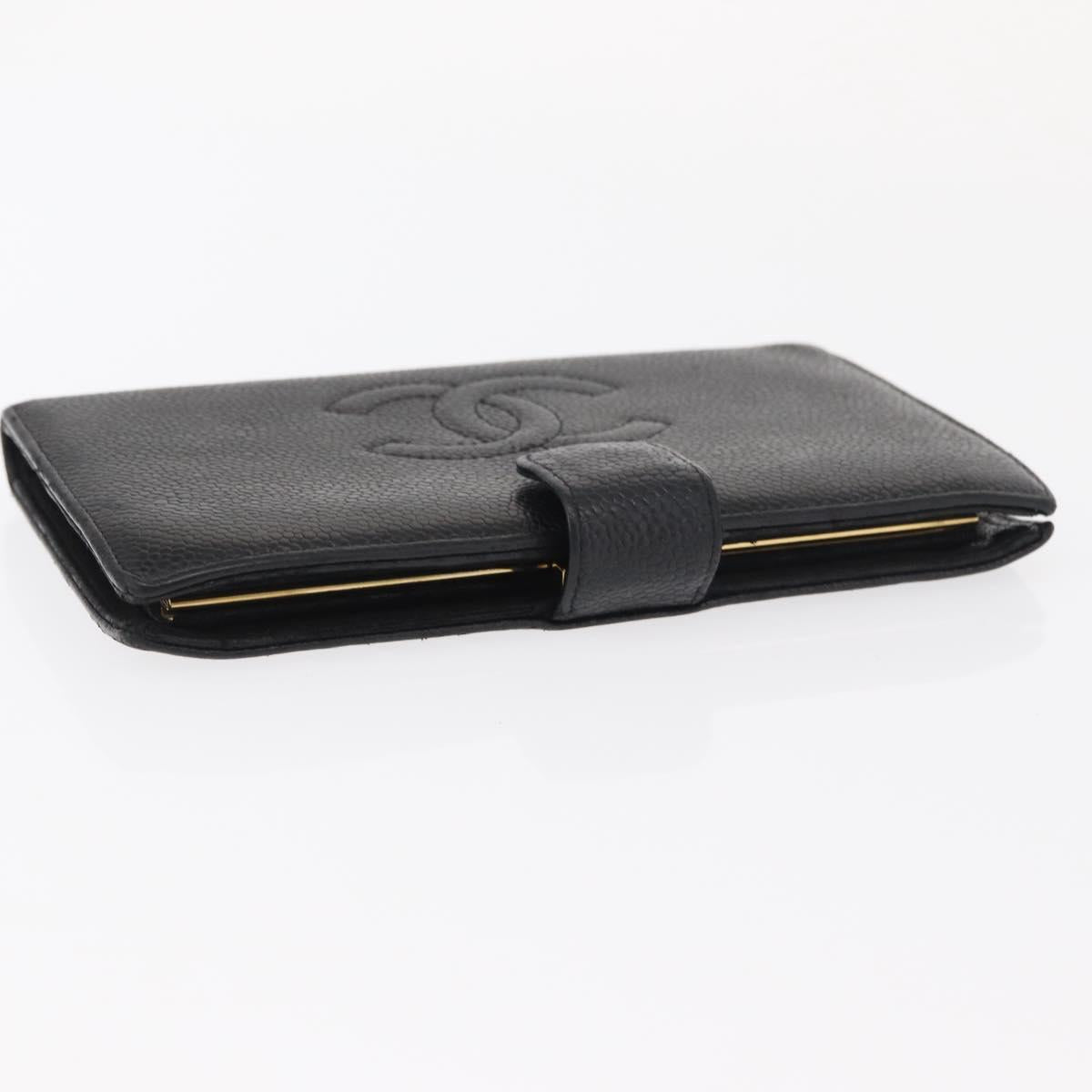 CHANEL Long Wallet Caviar Skin Black Gold CC Auth bs31583