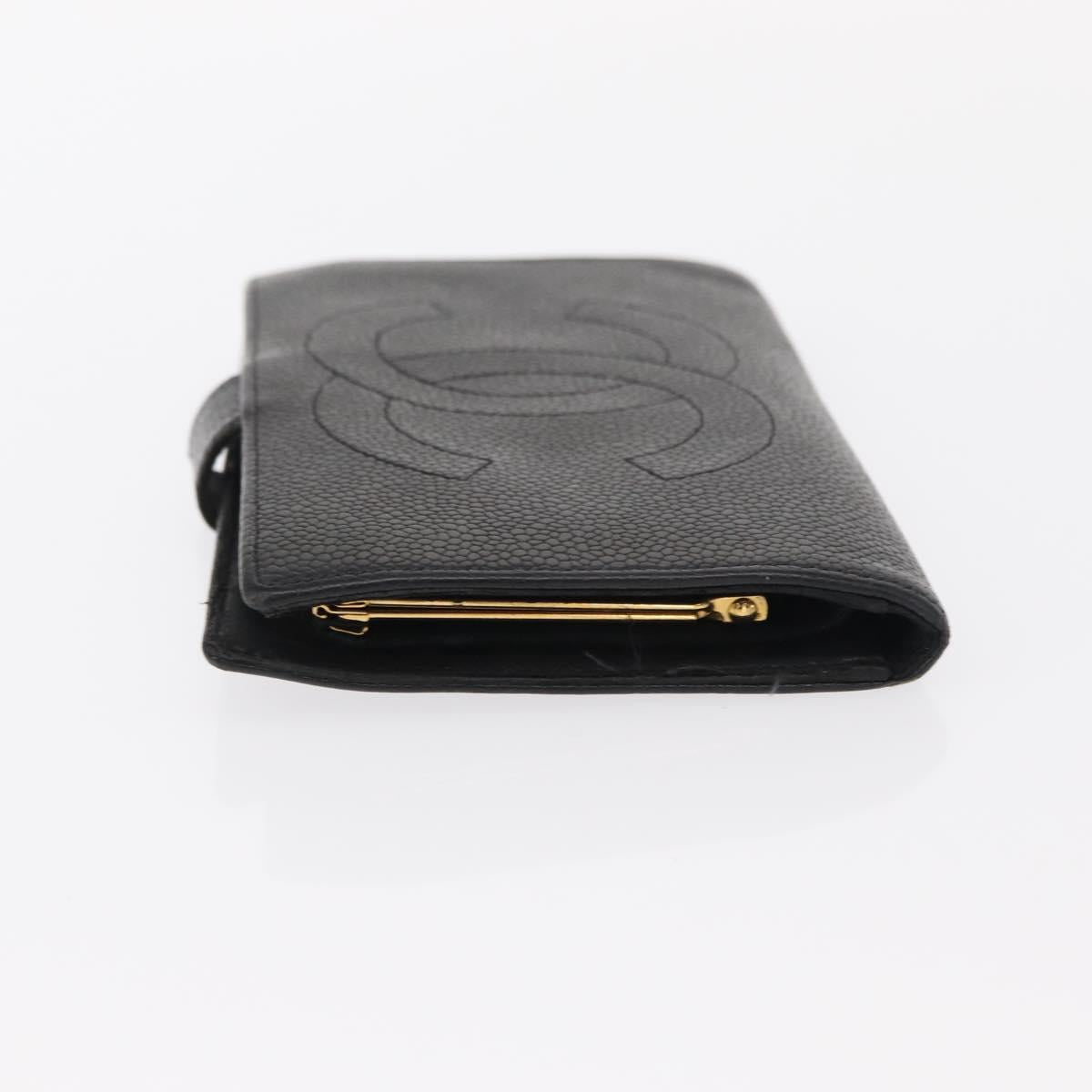 CHANEL COCO Mark Long Wallet Caviar Skin Black Gold CC Auth bs31584