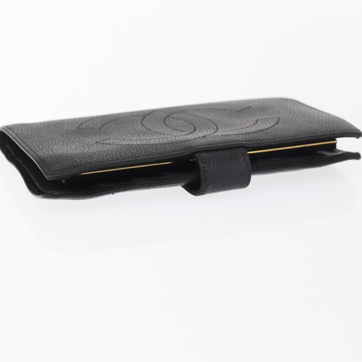 CHANEL COCO Mark Long Wallet Caviar Skin Black Gold CC Auth bs31584