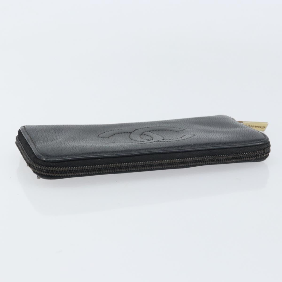 CHANEL Zip Around Long Wallet Caviar Skin Black Gold CC Auth bs31585