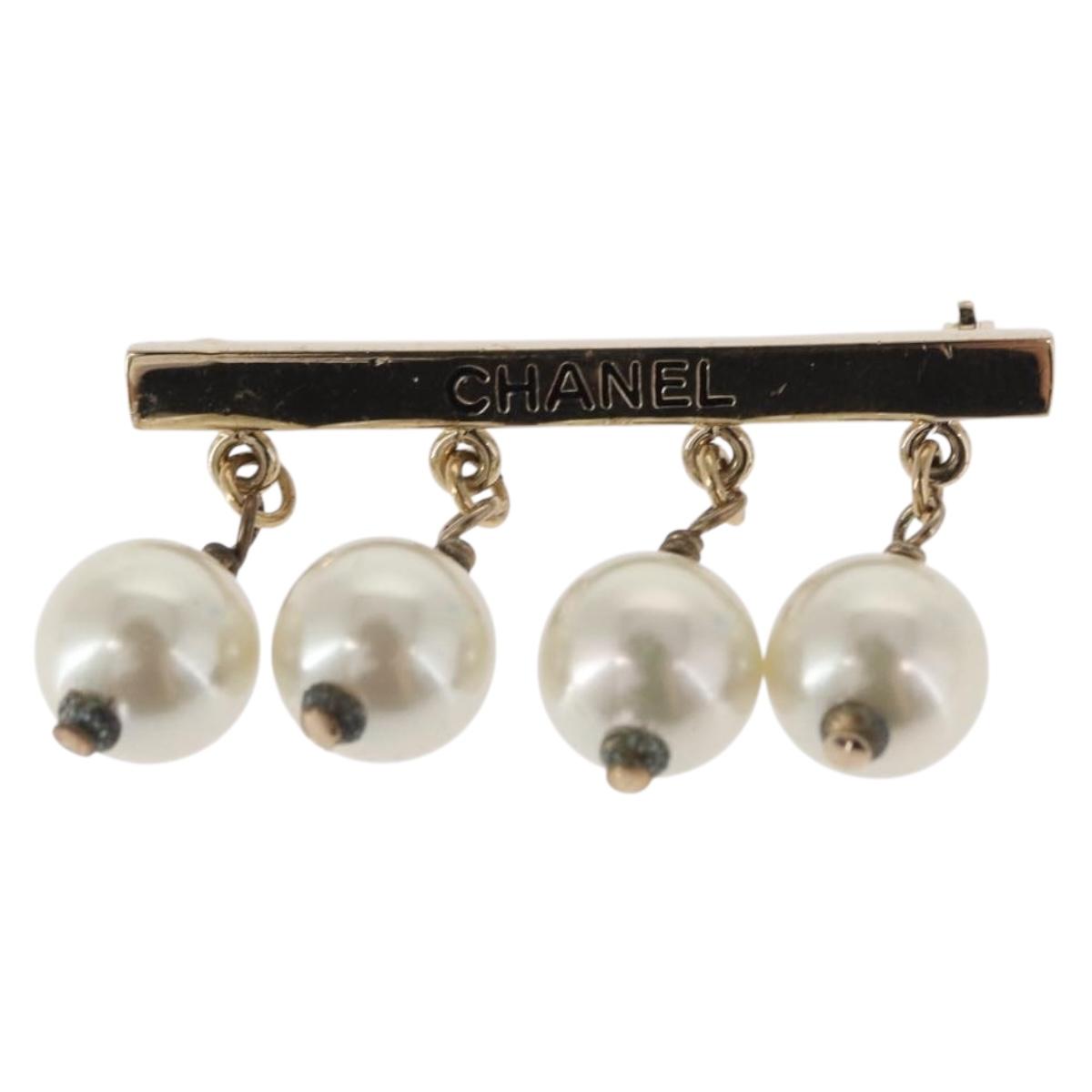 CHANEL Pearl Brooch metal Gold Tone CC Auth bs31592