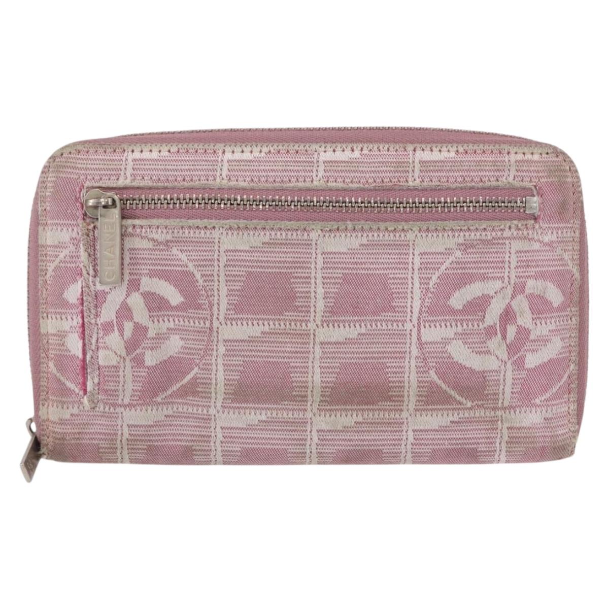 CHANEL New Travel Line Zip Around Long Wallet Nylon Pink Silver CC Auth bs31593