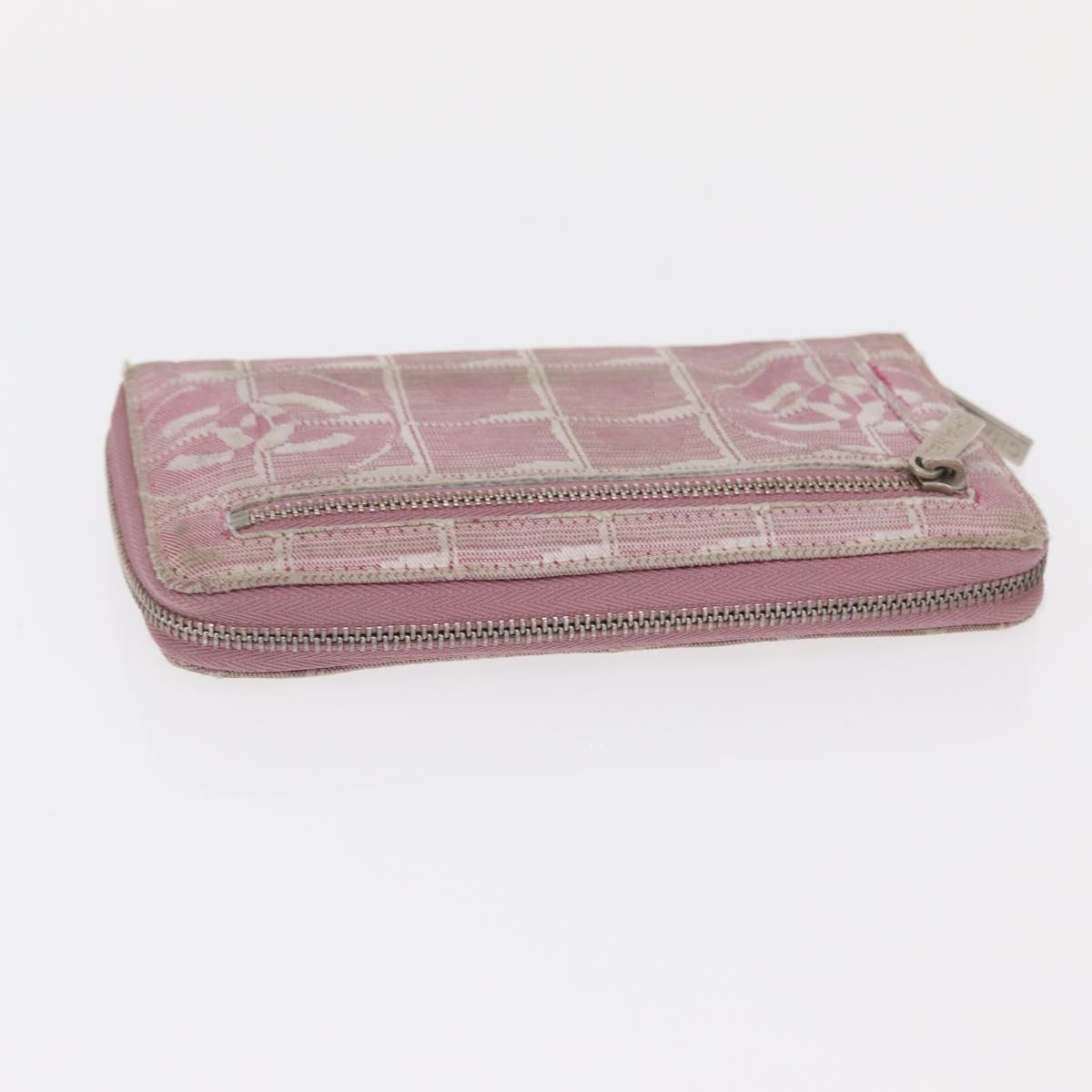 CHANEL New Travel Line Zip Around Long Wallet Nylon Pink Silver CC Auth bs31593