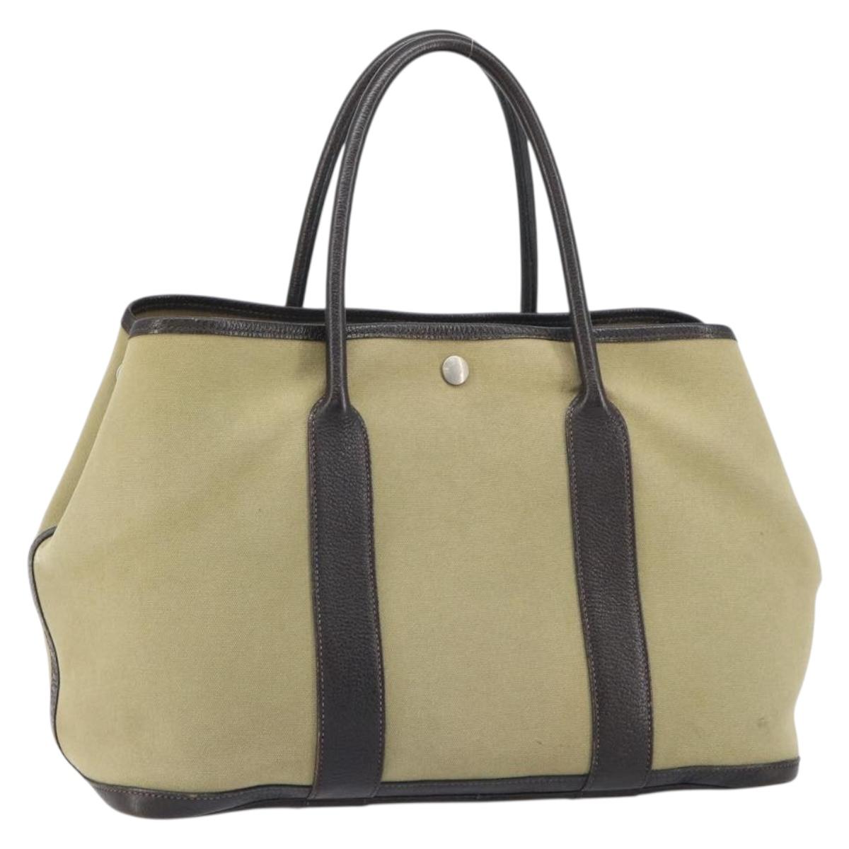 HERMES Tower Ash Garden Party MM Tote Bag Canvas Beige Silver Auth bs31632