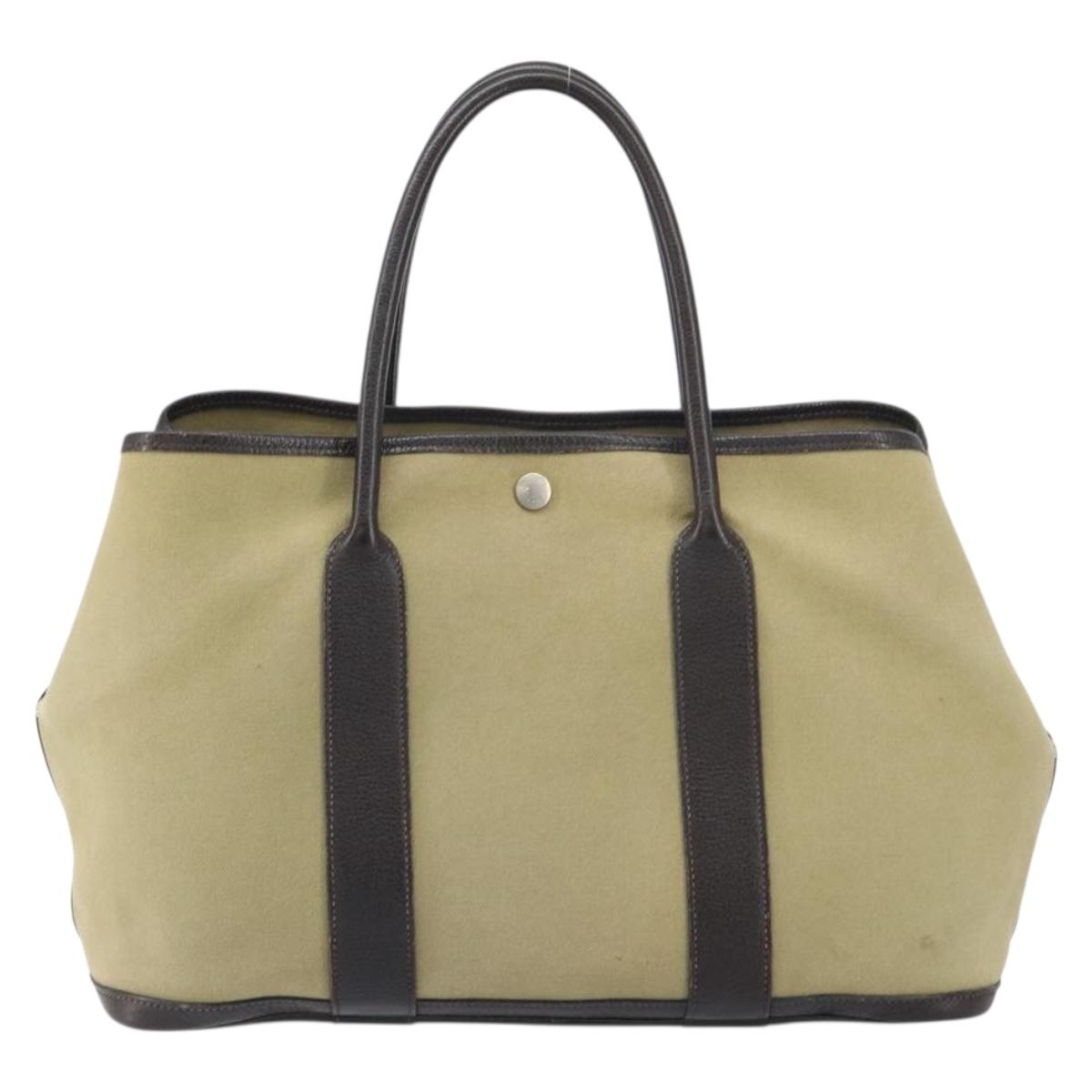 HERMES Tower Ash Garden Party MM Tote Bag Canvas Beige Silver Auth bs31632