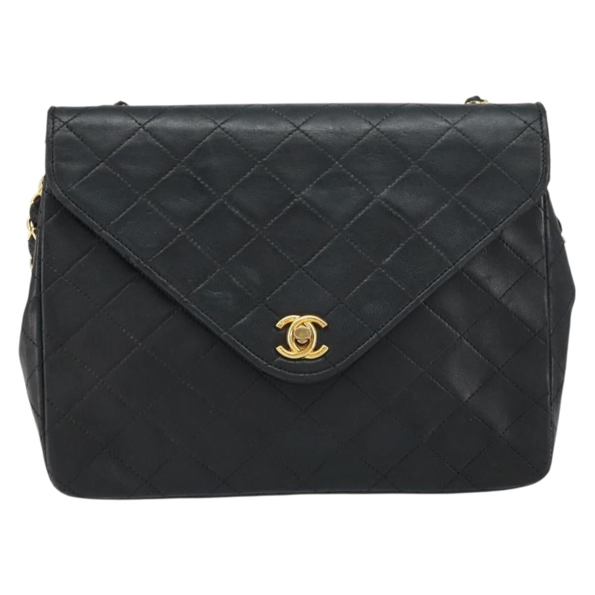 CHANEL Matelasse Chain Shoulder Bag Lamb Skin Black Gold CC Auth bs31635