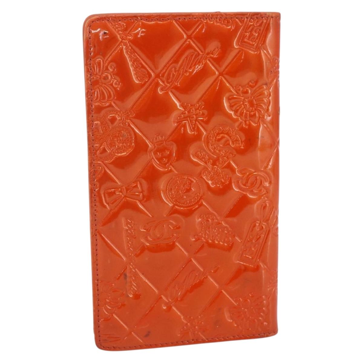 CHANEL Icon line Long Wallet Enamel Orange CC Auth bs31694