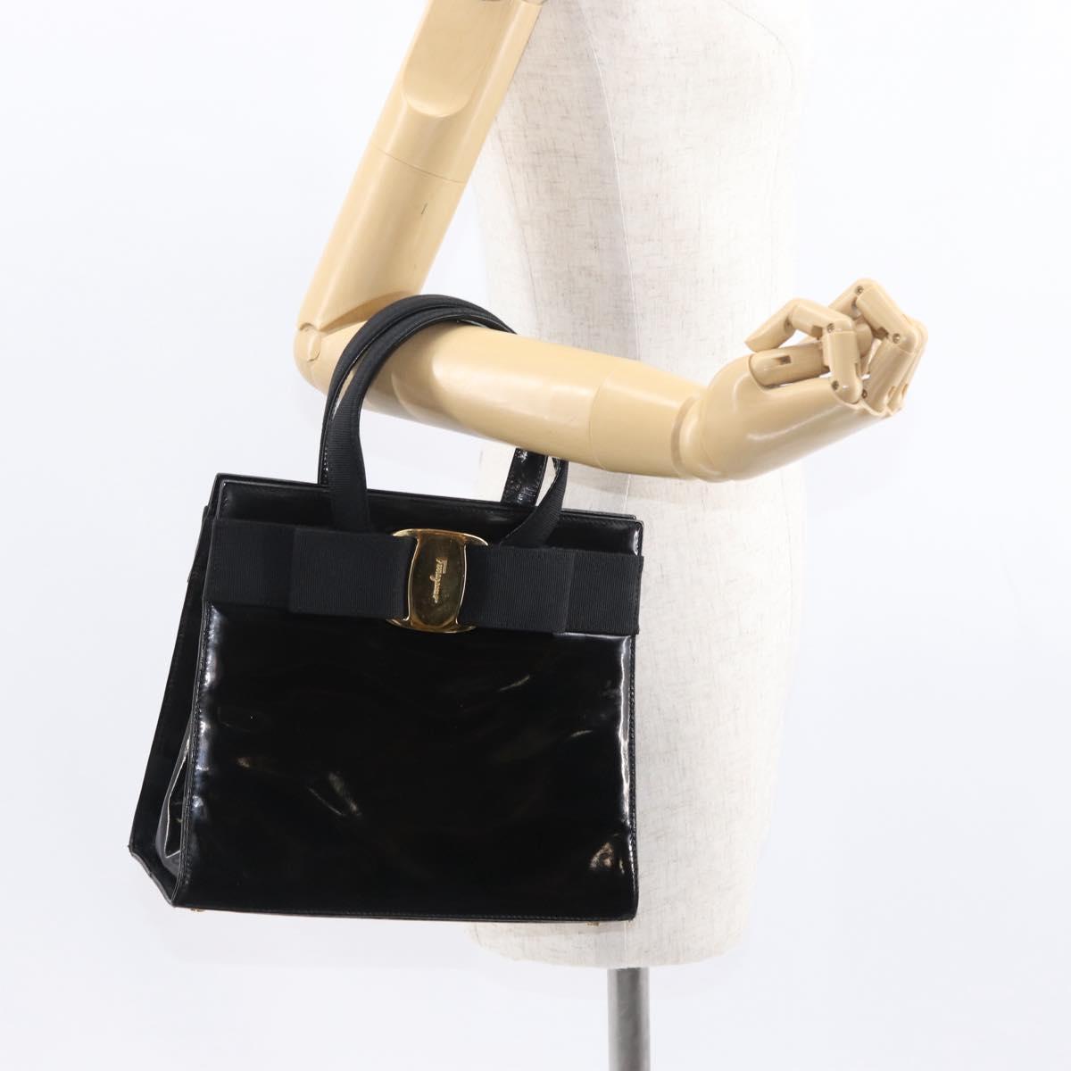 Salvatore Ferragamo Vala Hand Bag Enamel Black Gold Auth bs31709