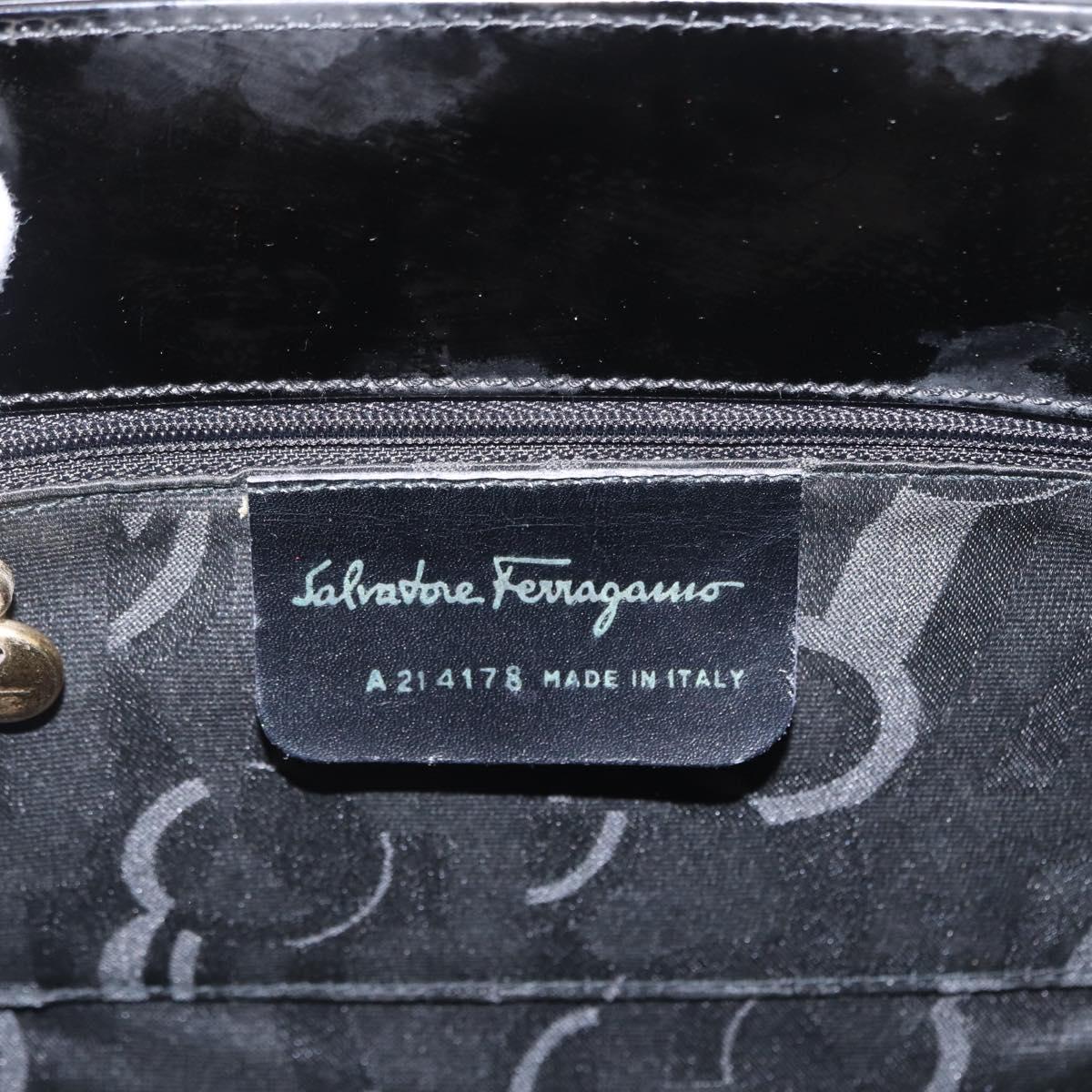 Salvatore Ferragamo Vala Hand Bag Enamel Black Gold Auth bs31711