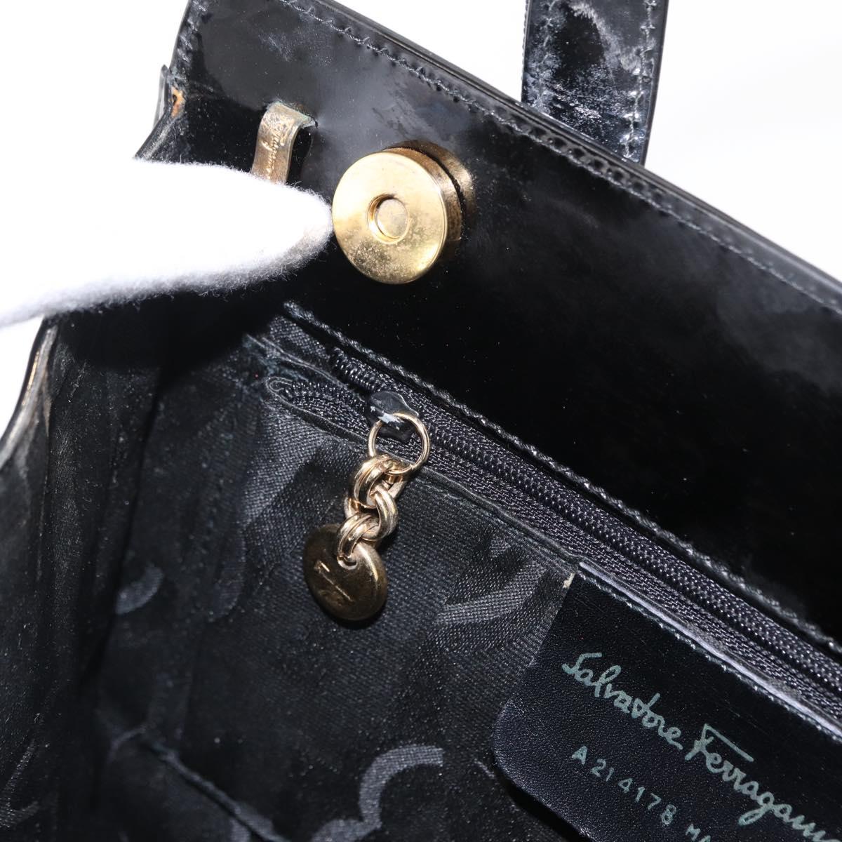 Salvatore Ferragamo Vala Hand Bag Enamel Black Gold Auth bs31711