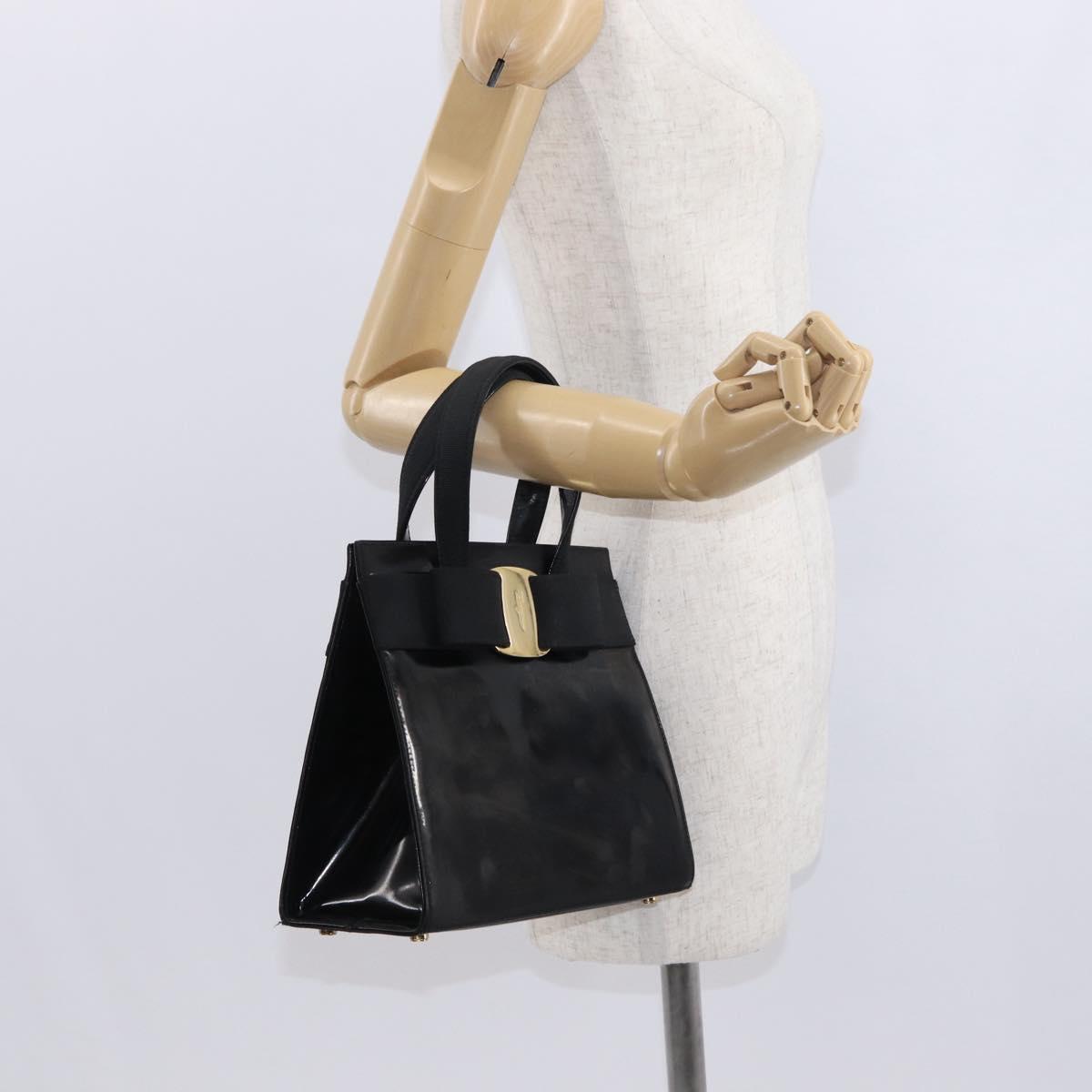 Salvatore Ferragamo Vala Hand Bag Enamel Black Gold Auth bs31711