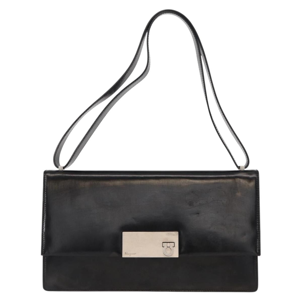 Salvatore Ferragamo Gancini Shoulder Bag Leather Black Silver Auth bs31712