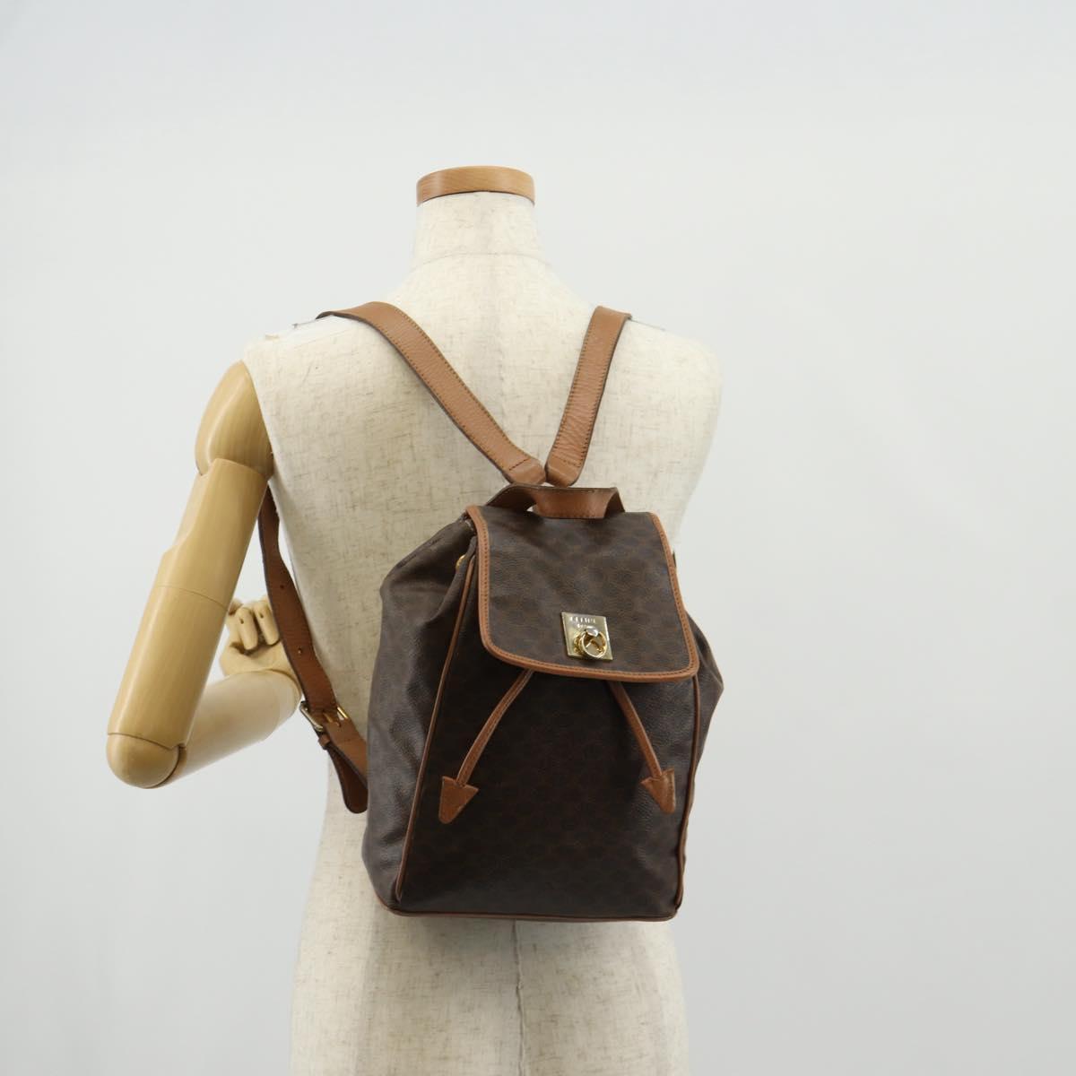 CELINE Macadam Canvas Backpack PVC Leather Brown Gold Auth bs31713