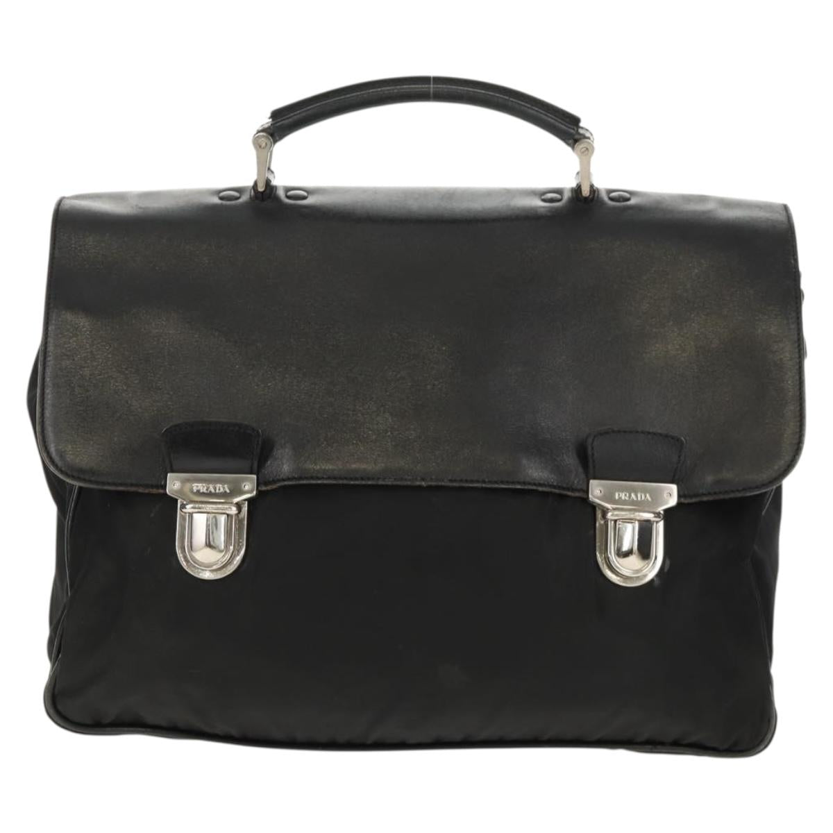 PRADA Business Bag Nylon Leather Black Silver Auth bs31717