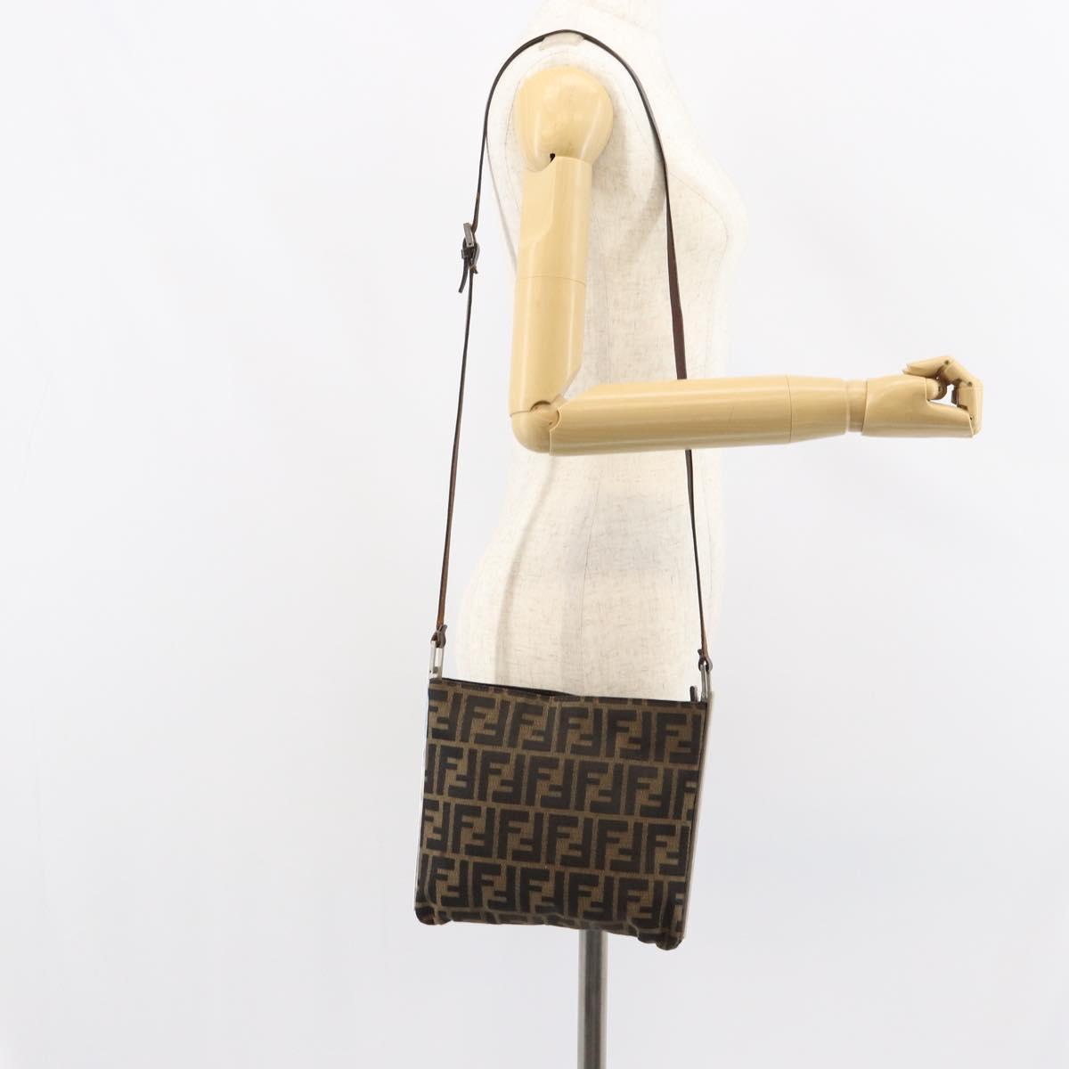 FENDI Zucca Canvas Shoulder Bag Brown Black Auth bs31744