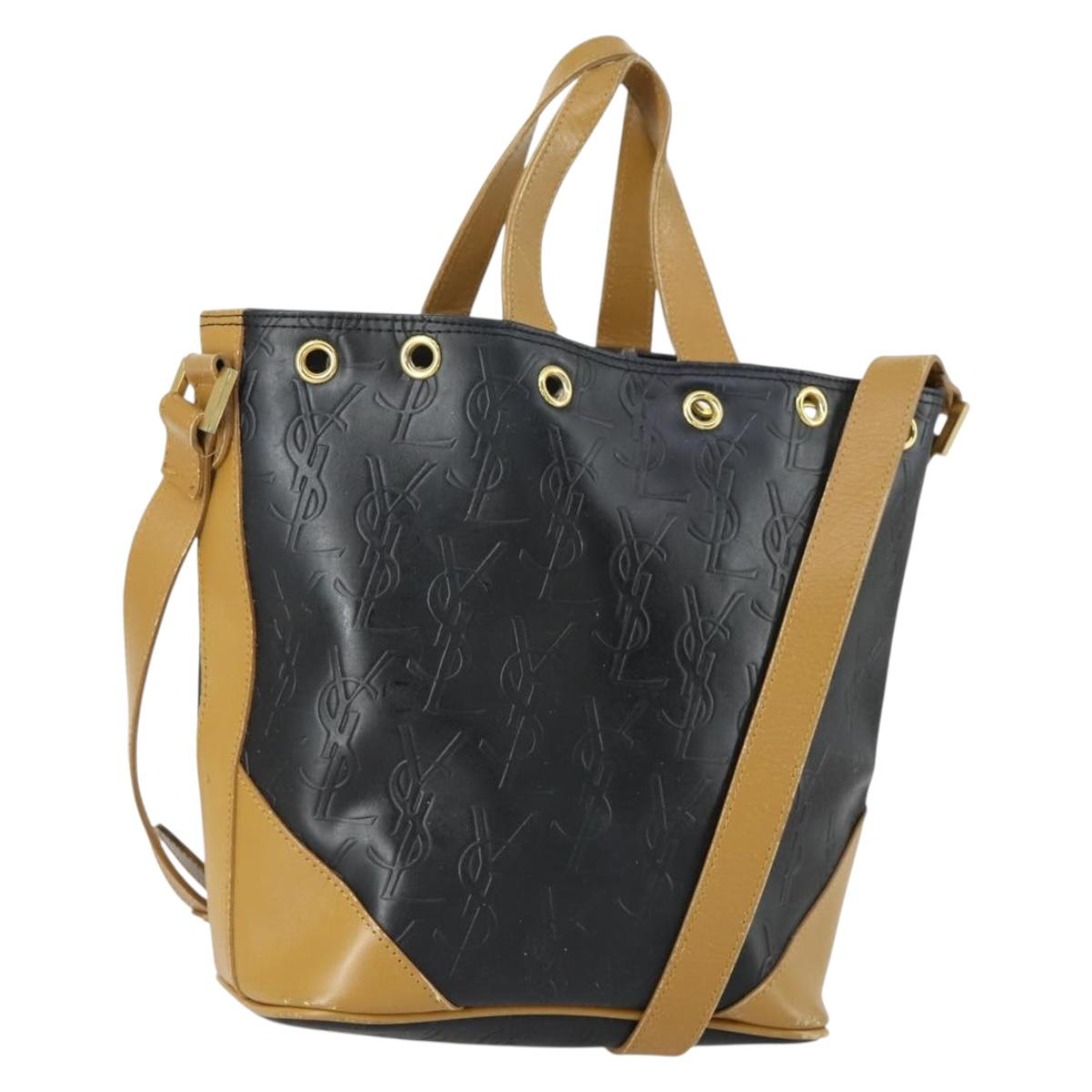 SAINT LAURENT Hand Bag Leather PVC 2way Black Brown gold Auth bs31752