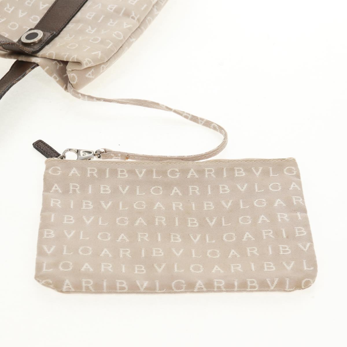 BVLGARI Logo Mania Tote Bag Canvas Beige Brown Silver Auth bs31753