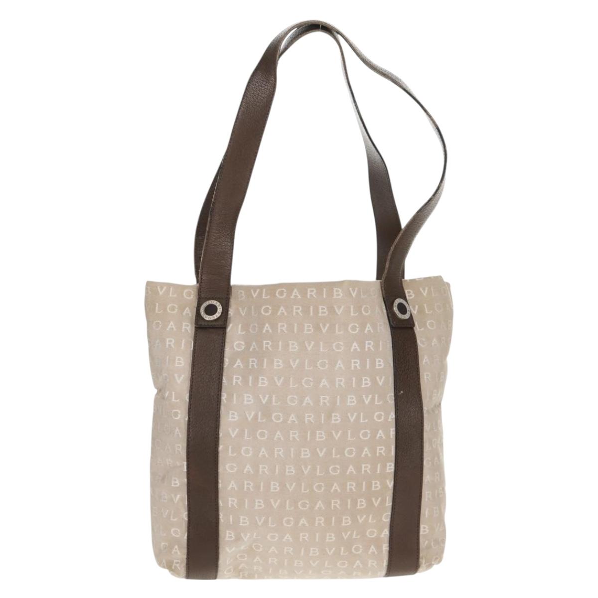 BVLGARI Logo Mania Tote Bag Canvas Beige Brown Silver Auth bs31753