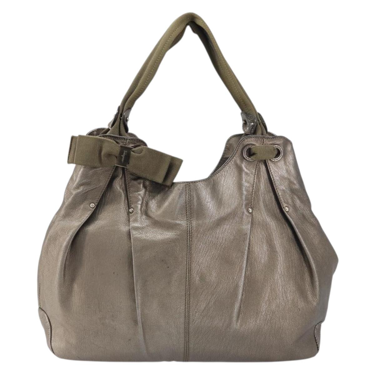 Salvatore Ferragamo Vala Hand Bag Leather Gold Tone Auth bs31761