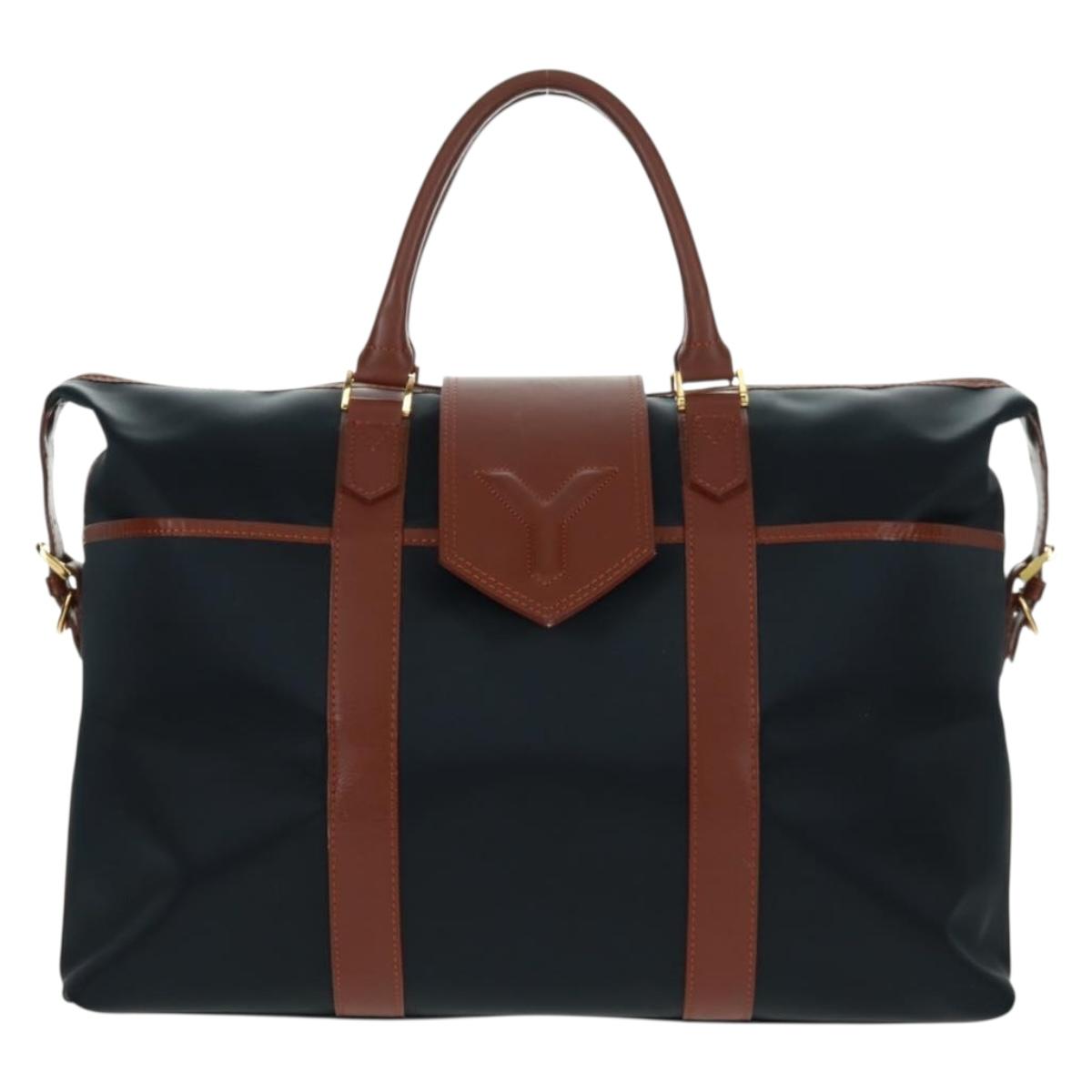 SAINT LAURENT Boston Bag Nylon Leather Navy Gold Auth bs31763