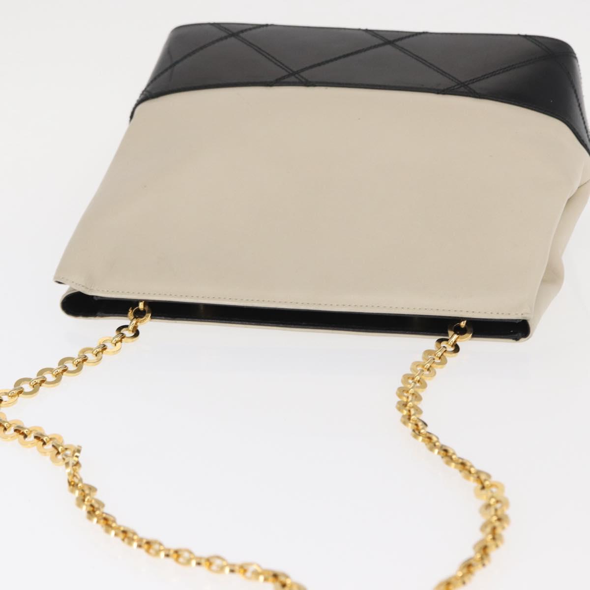 Salvatore Ferragamo Chain Shoulder Bag Leather White Black gold Auth bs31765
