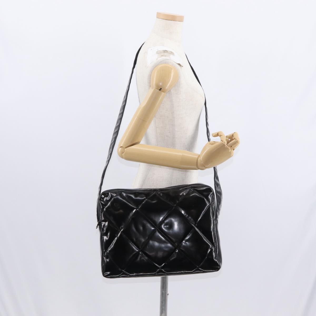 CHANEL Matelasse Shoulder Bag Enamel Black Silver CC Auth bs31793