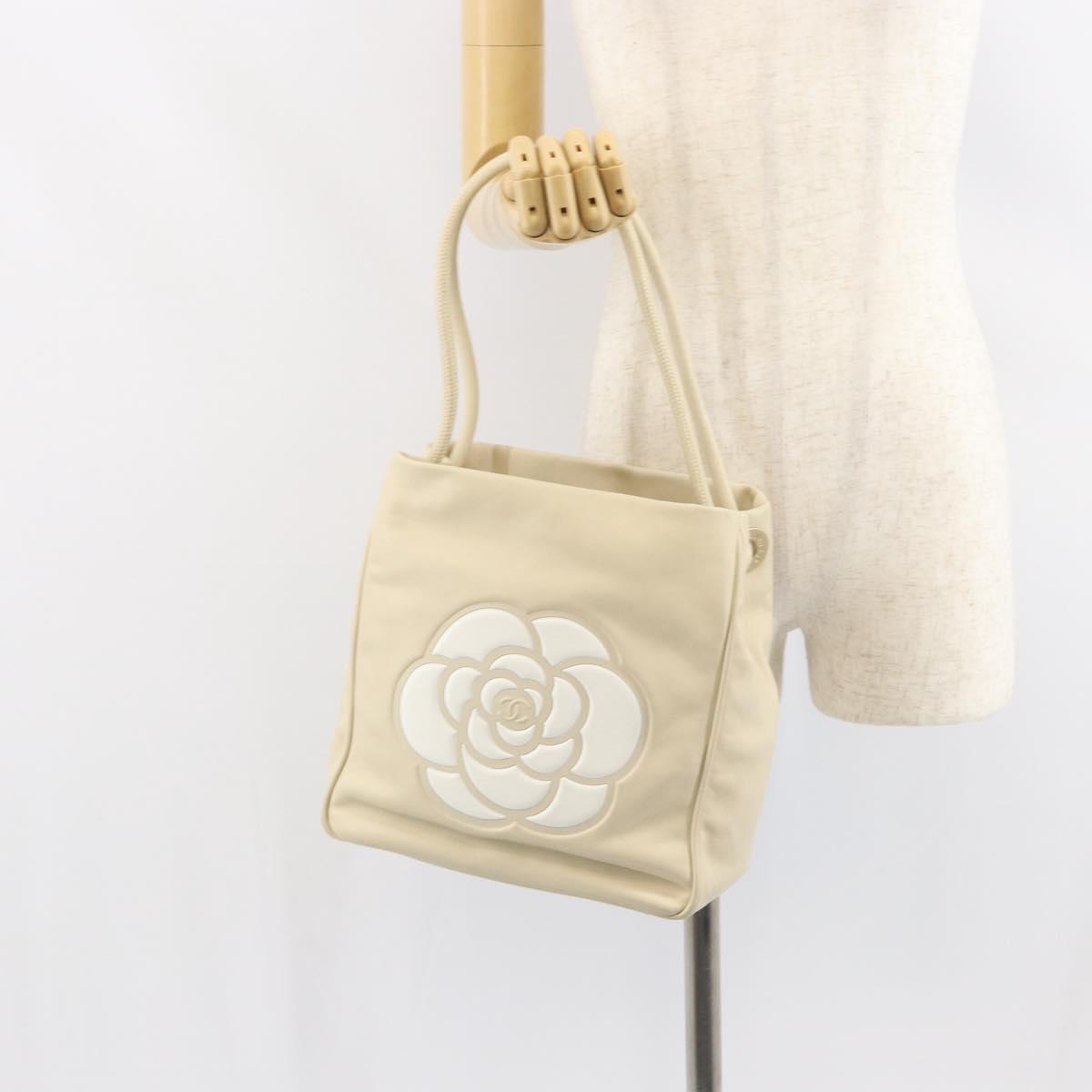 CHANEL Camelia Tote Bag Leather Beige Gold CC Auth bs31794A