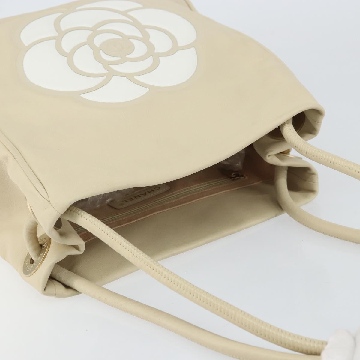 CHANEL Camelia Tote Bag Leather Beige Gold CC Auth bs31794A