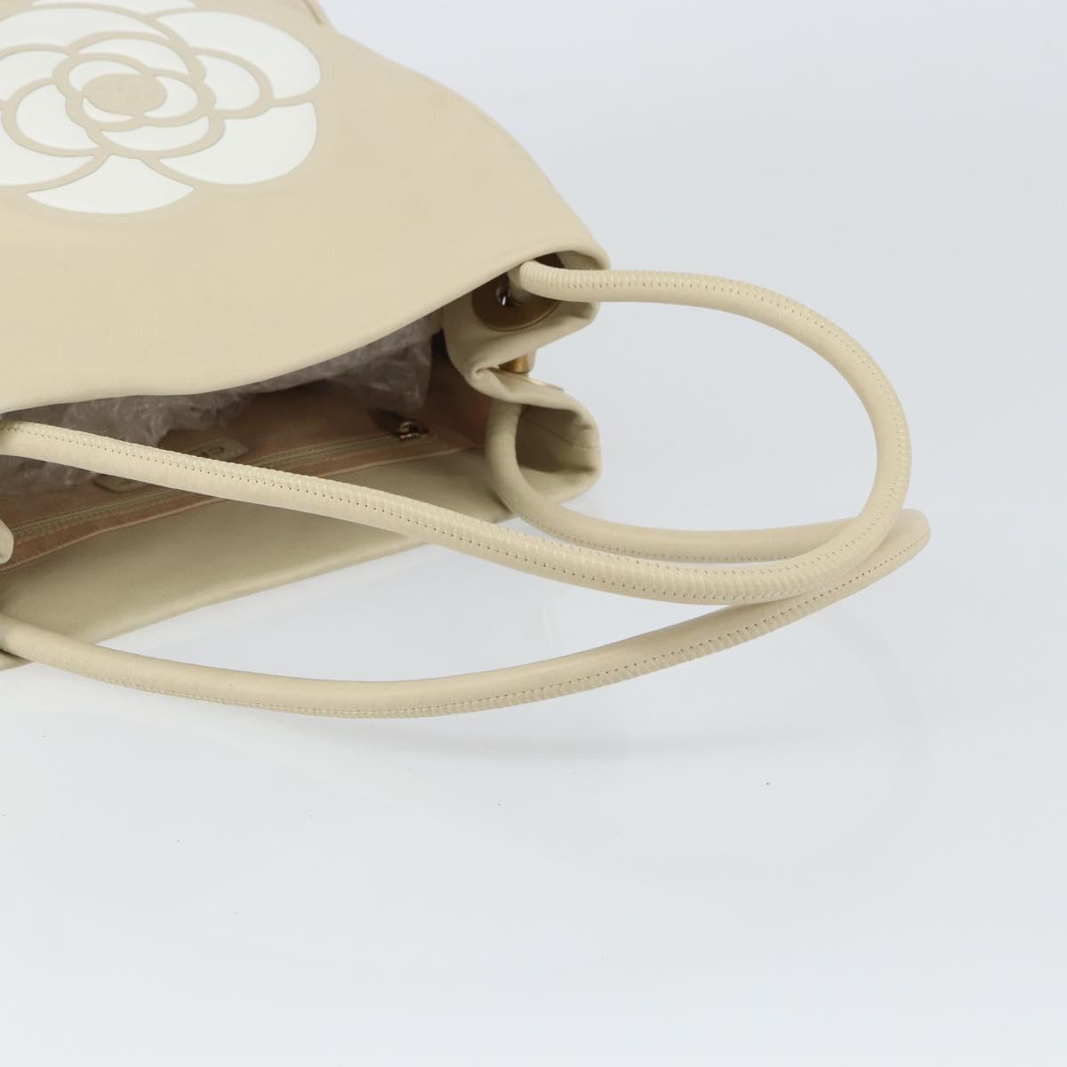 CHANEL Camelia Tote Bag Leather Beige Gold CC Auth bs31794A