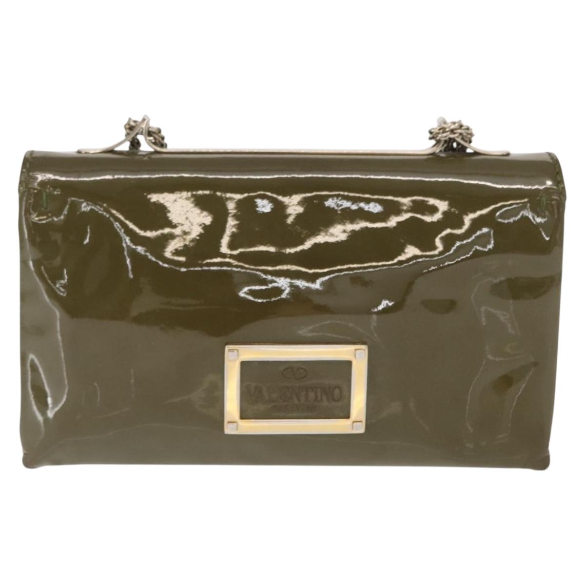 VALENTINO Studs Chain Shoulder Bag Enamel Khaki Gold Auth bs31799