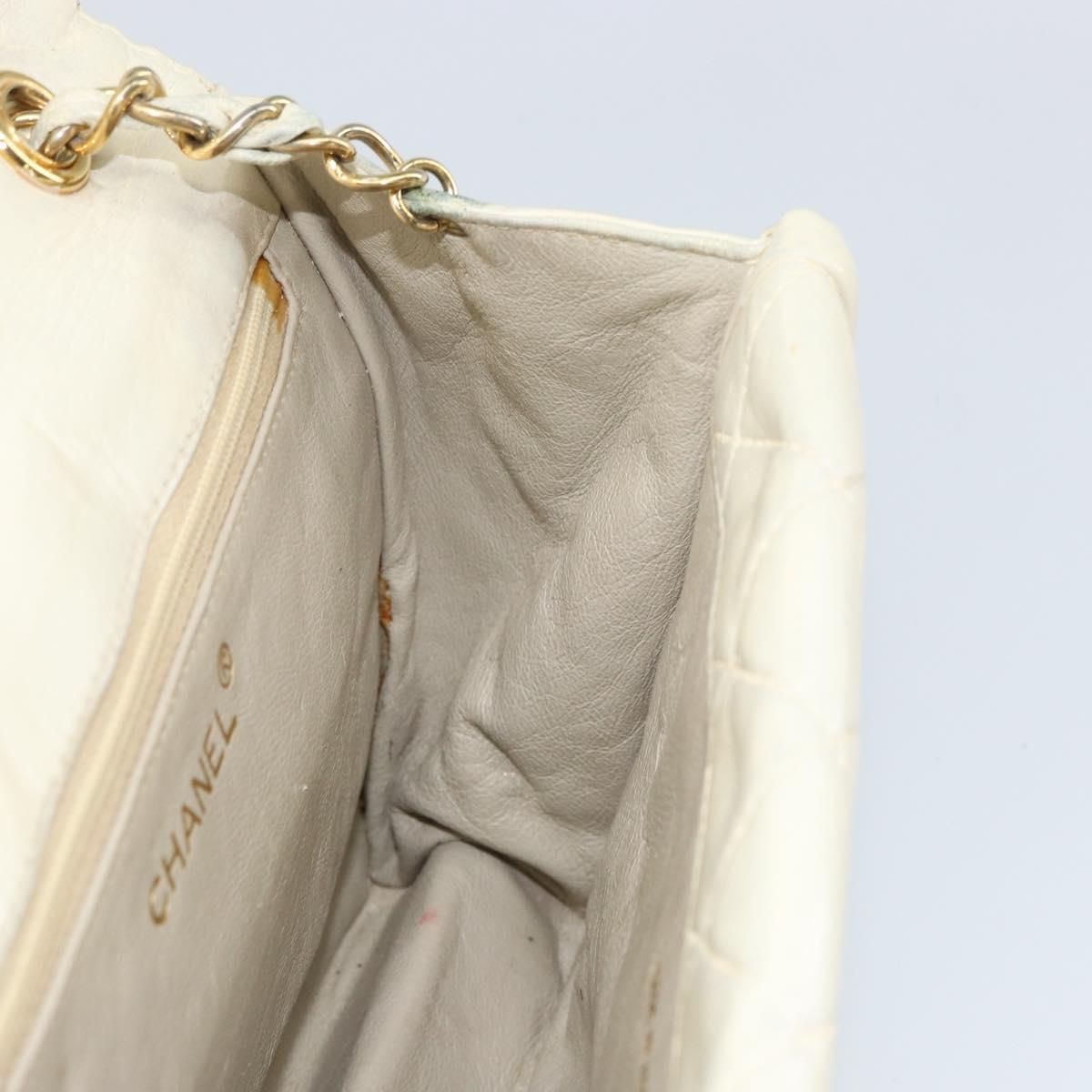 CHANEL Matelasse Chain Shoulder Bag Lamb Skin White Gold CC Auth bs31806