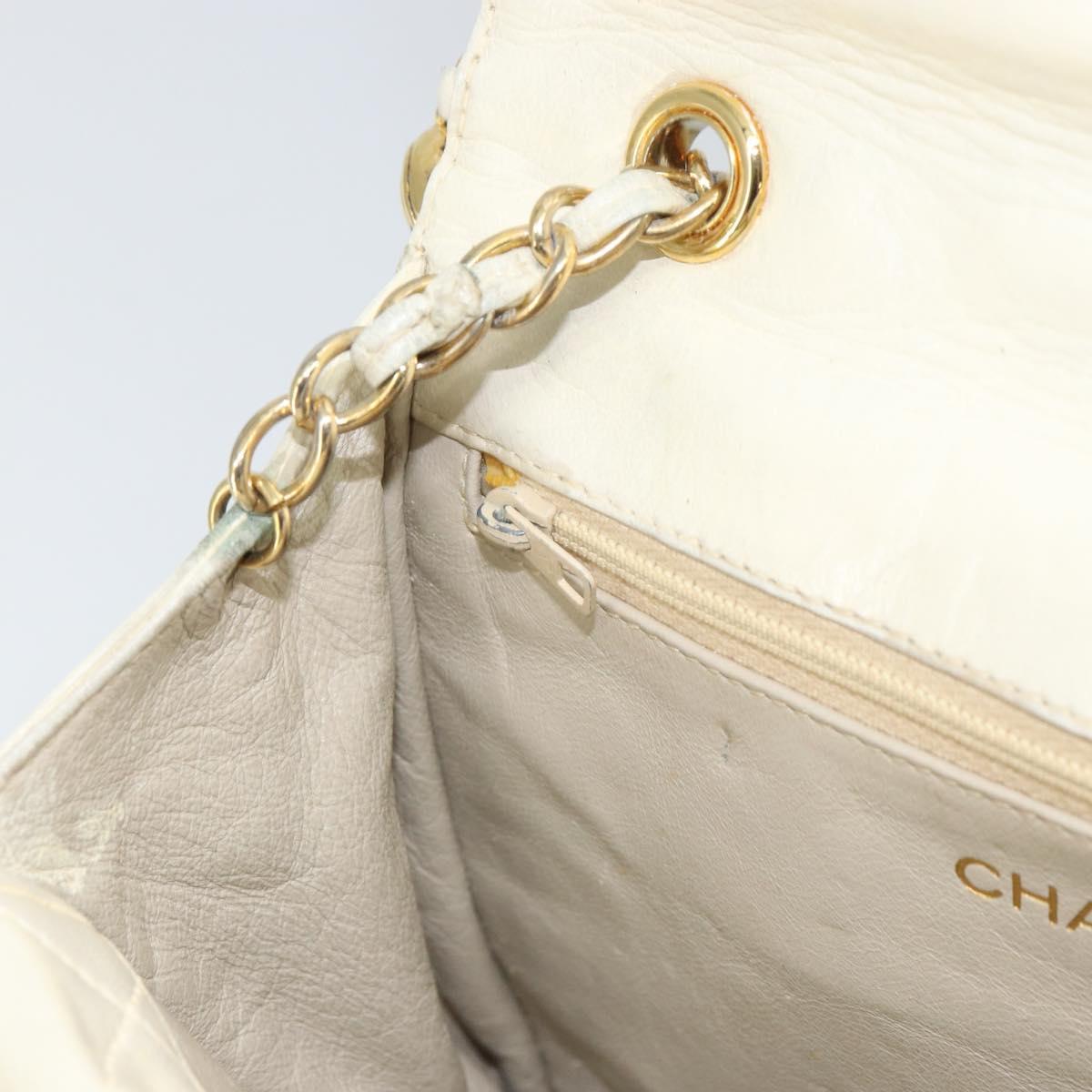 CHANEL Matelasse Chain Shoulder Bag Lamb Skin White Gold CC Auth bs31806
