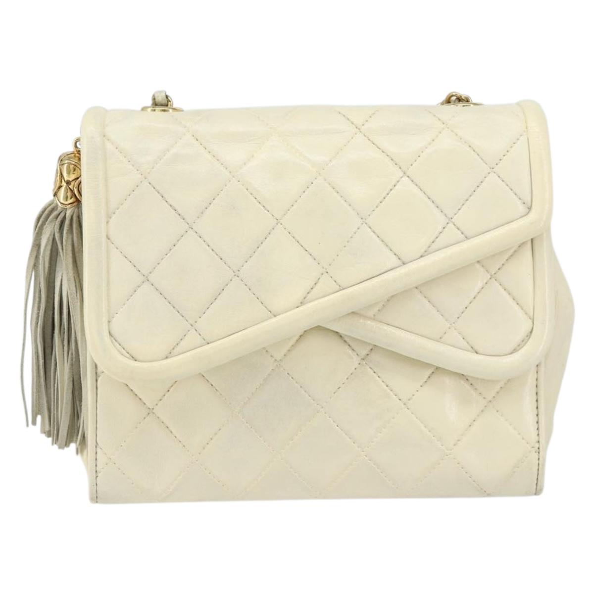 CHANEL Matelasse Chain Shoulder Bag Lamb Skin White Gold CC Auth bs31806